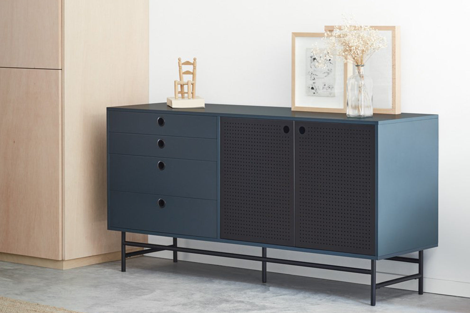 Buffet 4 tiroirs 2 portes 150x47 cm Punto de Teulat bleu