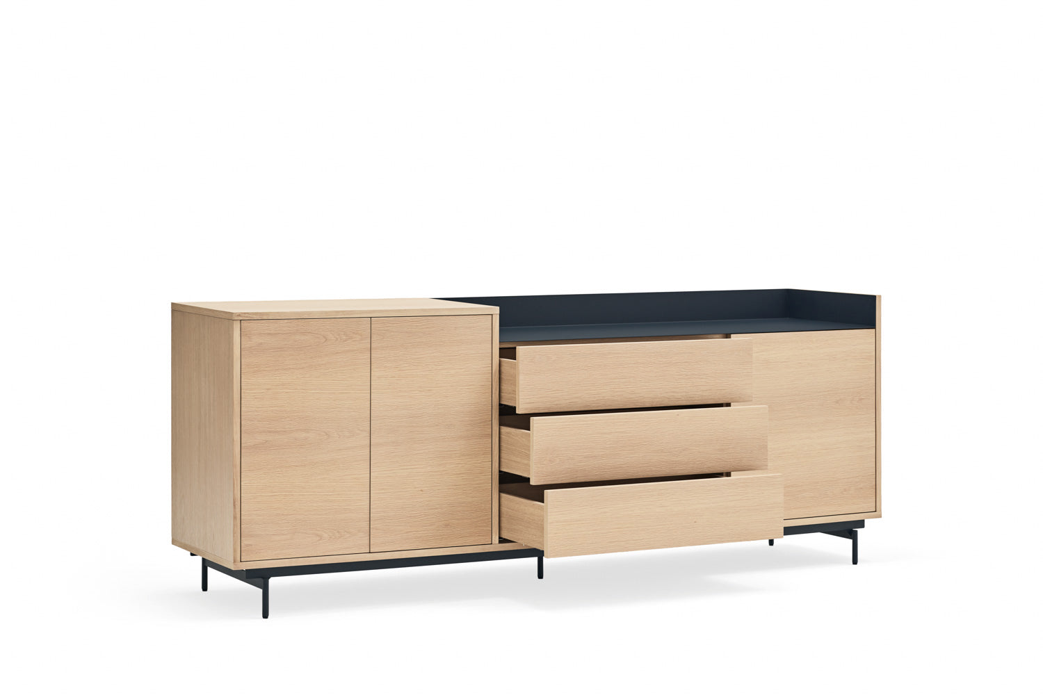 Buffet 3 portes 3 tiroirs 200x45 cm Valley de Teulat chêne/bleu