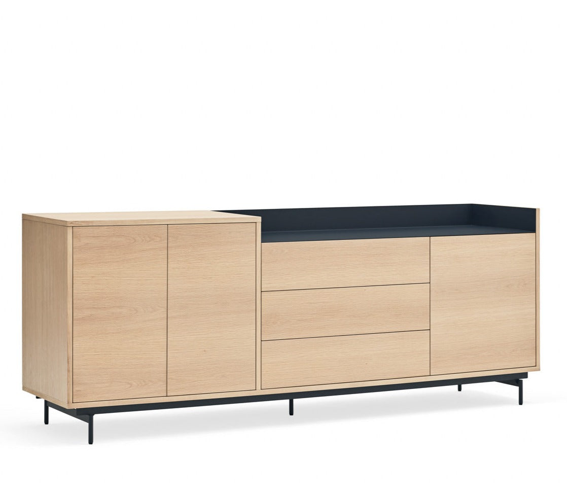 Buffet 3 portes 3 tiroirs 200x45 cm Valley de Teulat chêne/bleu