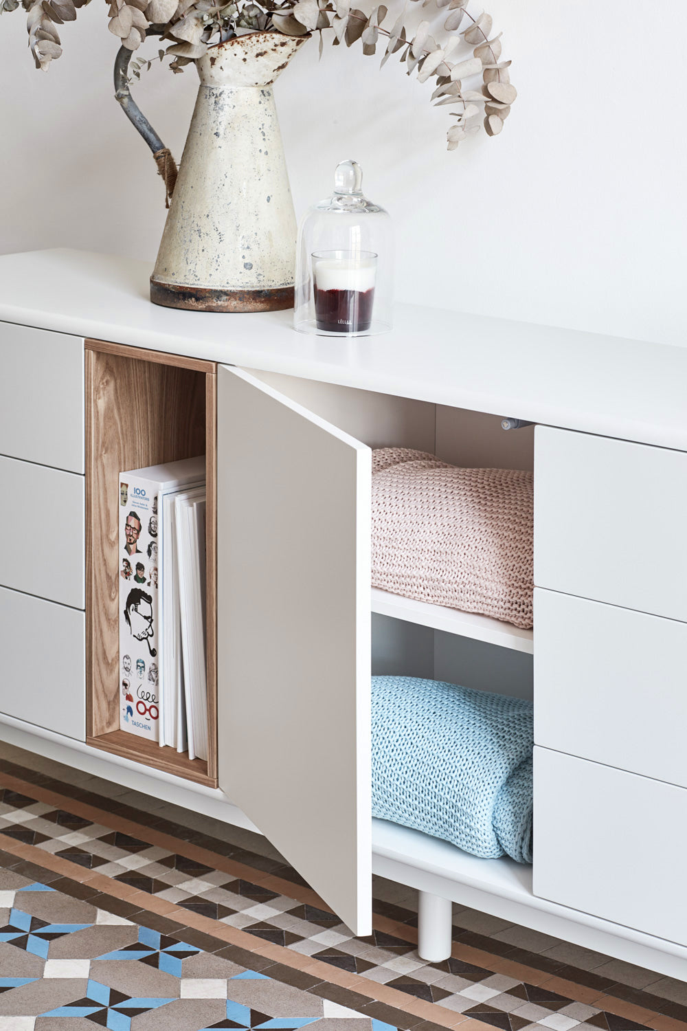 Buffet 6 tiroirs 1 porte 180x40 cm Corvo de Teulat crème
