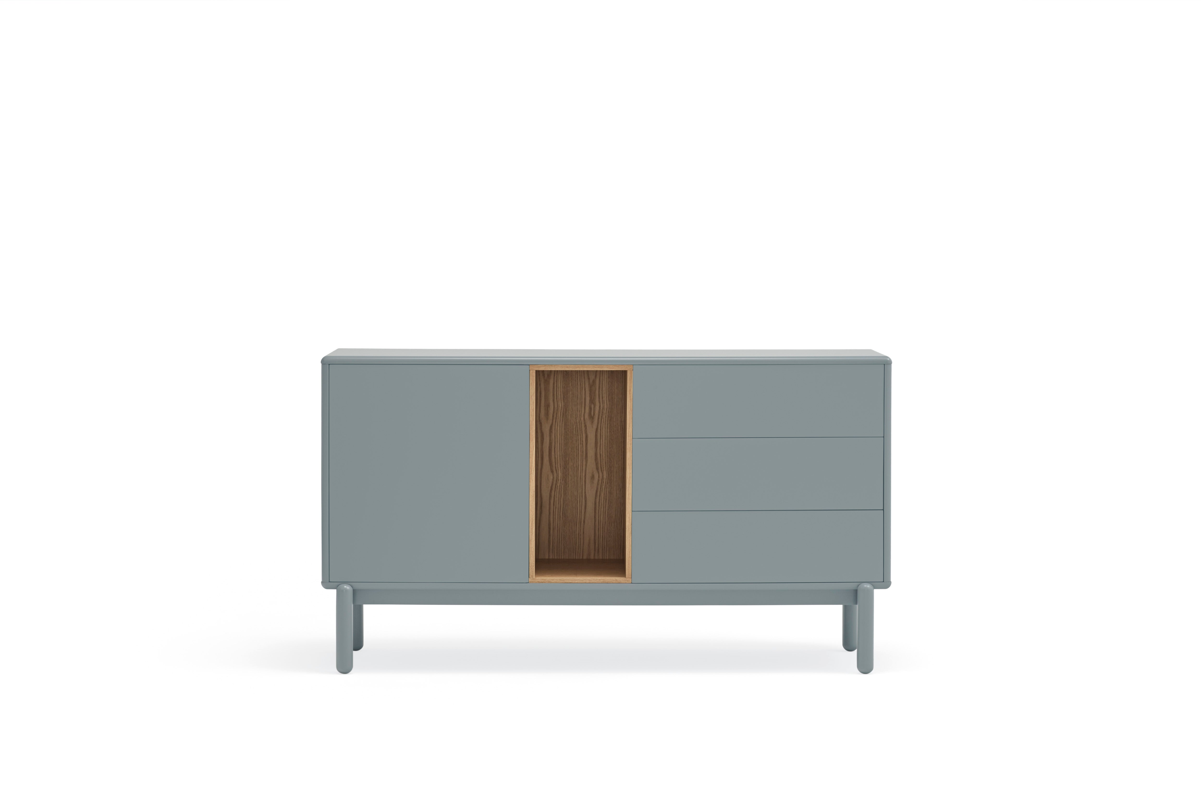 Buffet 3 tiroirs 1 porte 140x40 cm Corvo de Teulat en bois massif laqué gris perle