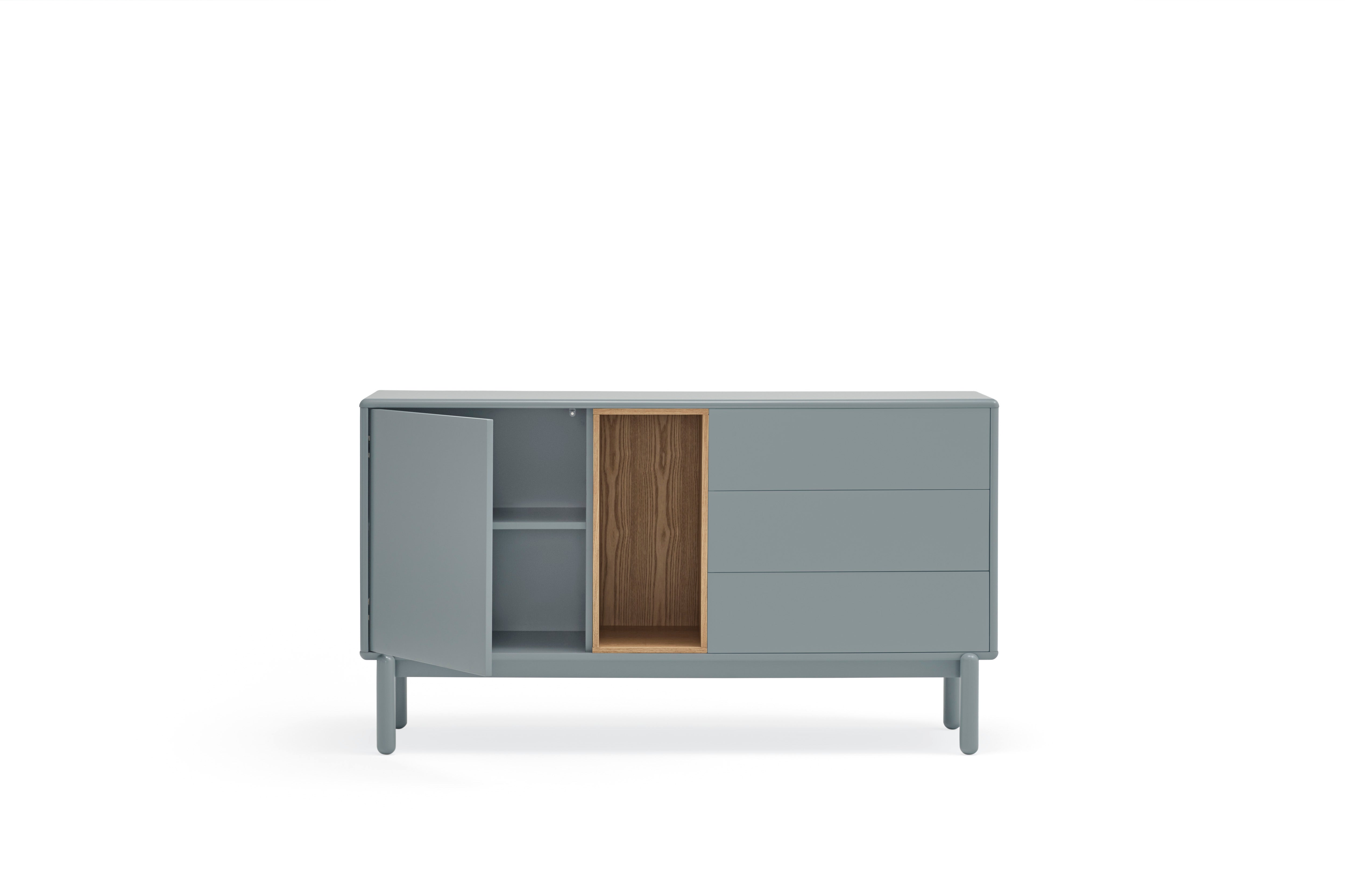 Buffet 3 tiroirs 1 porte 140x40 cm Corvo de Teulat en bois massif laqué gris perle