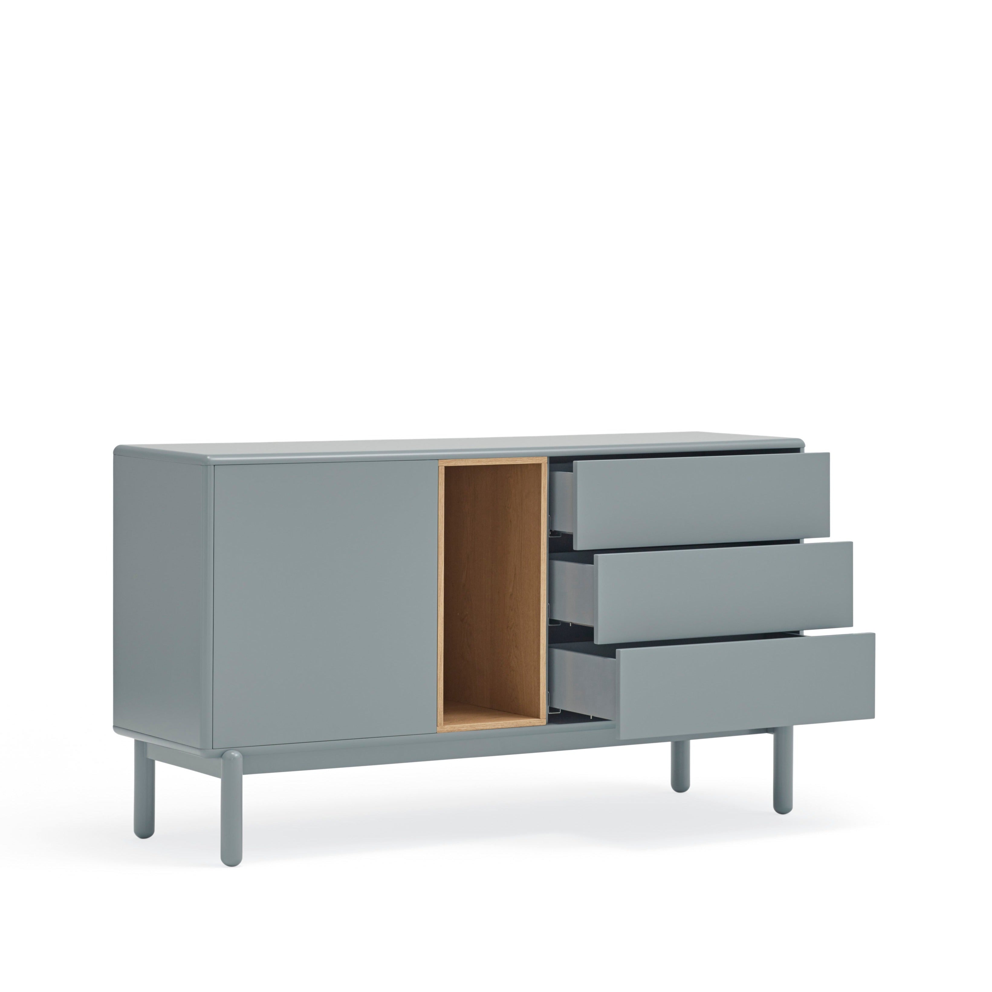 Buffet 3 tiroirs 1 porte 140x40 cm Corvo de Teulat en bois massif laqué gris perle