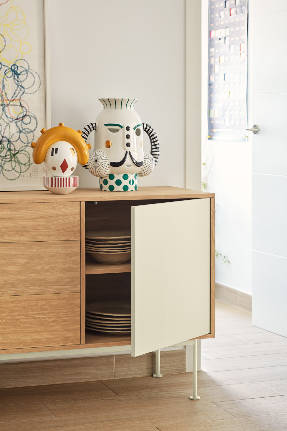 Buffet 3 tiroirs 1 porte 128x81 cm Yoko par Teulat en chêne crème