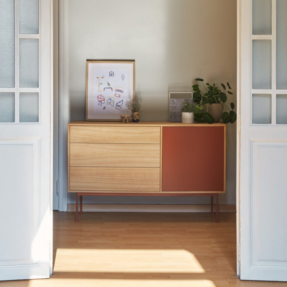 Buffet 3 tiroirs 1 porte 128x81 cm Yoko par Teulat chêne terre cuite