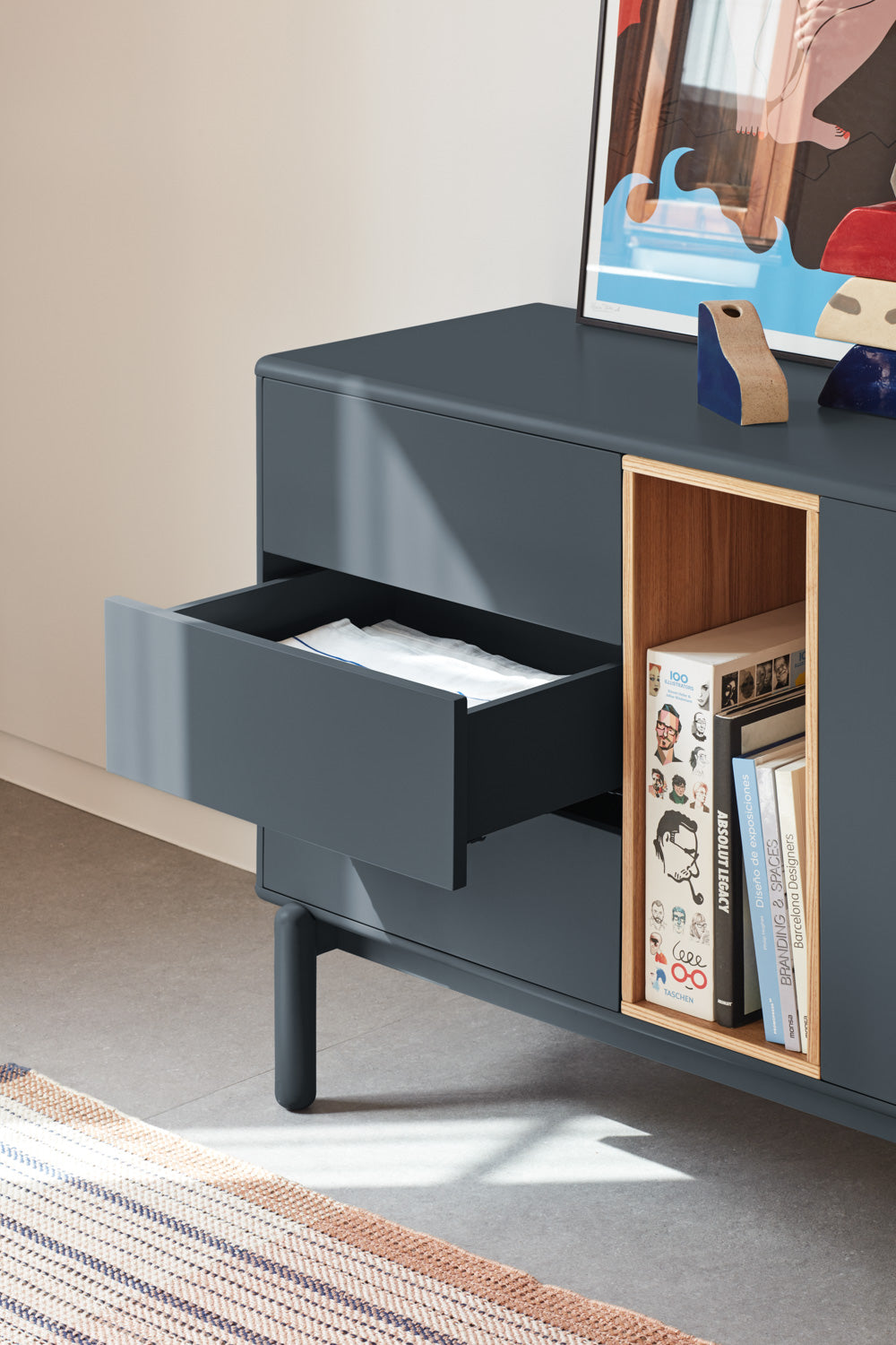 Buffet 6 tiroirs 1 porte 180x40 cm Corvo de Teulat gris anthracite