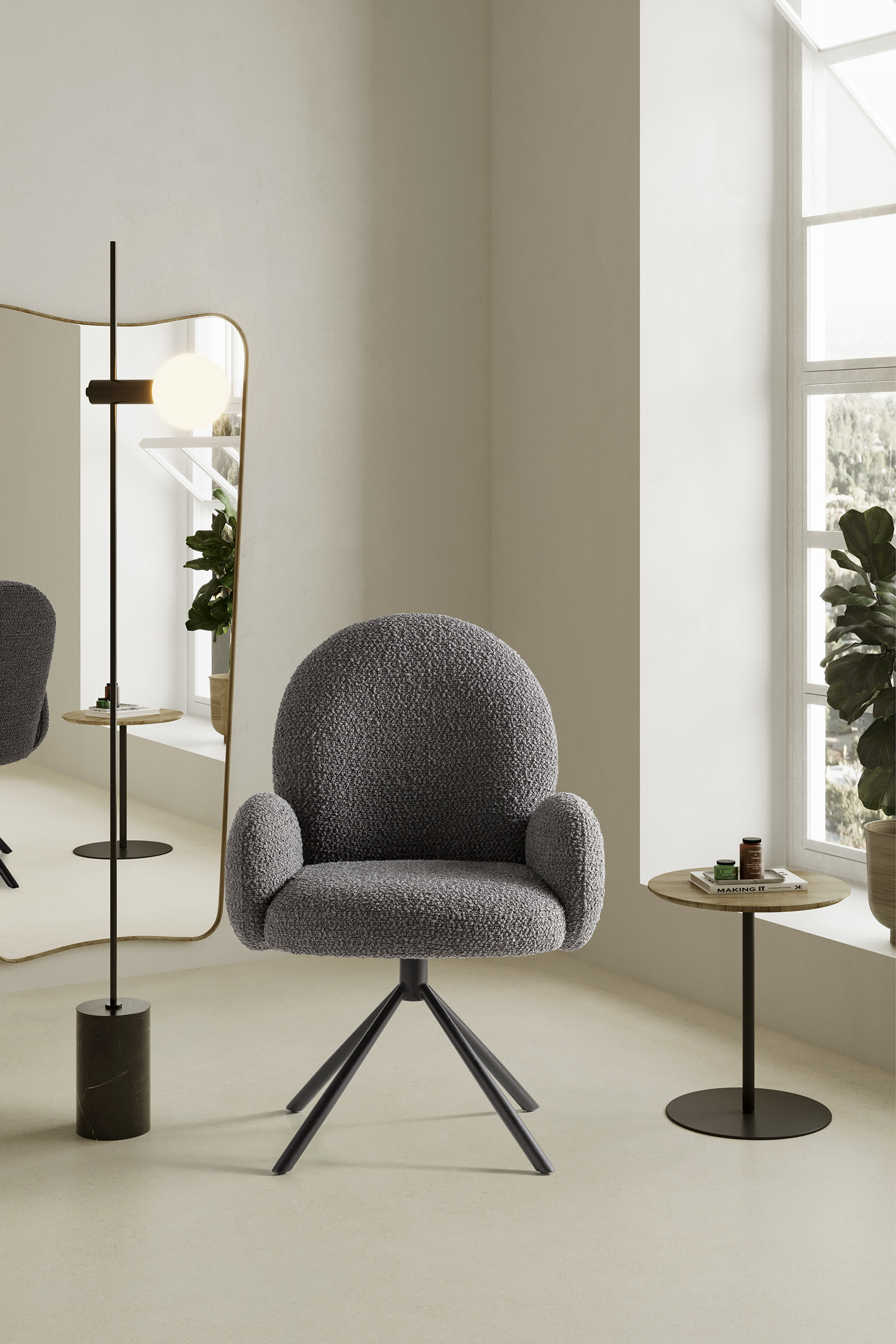 Poltrona girevole in tessuto e gambe in metallo nero Dario 49x46 h91 cm