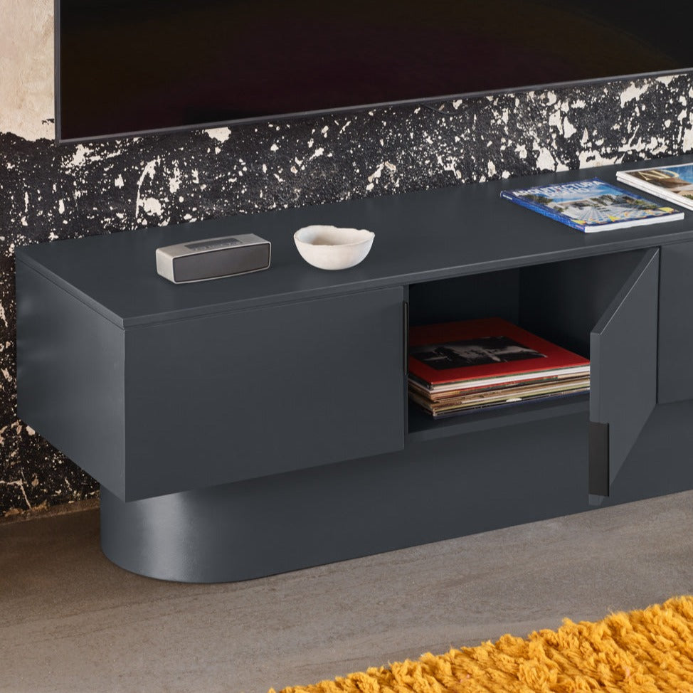 Meuble TV 4 portes 200x45 cm Totem laqué gris anthracite