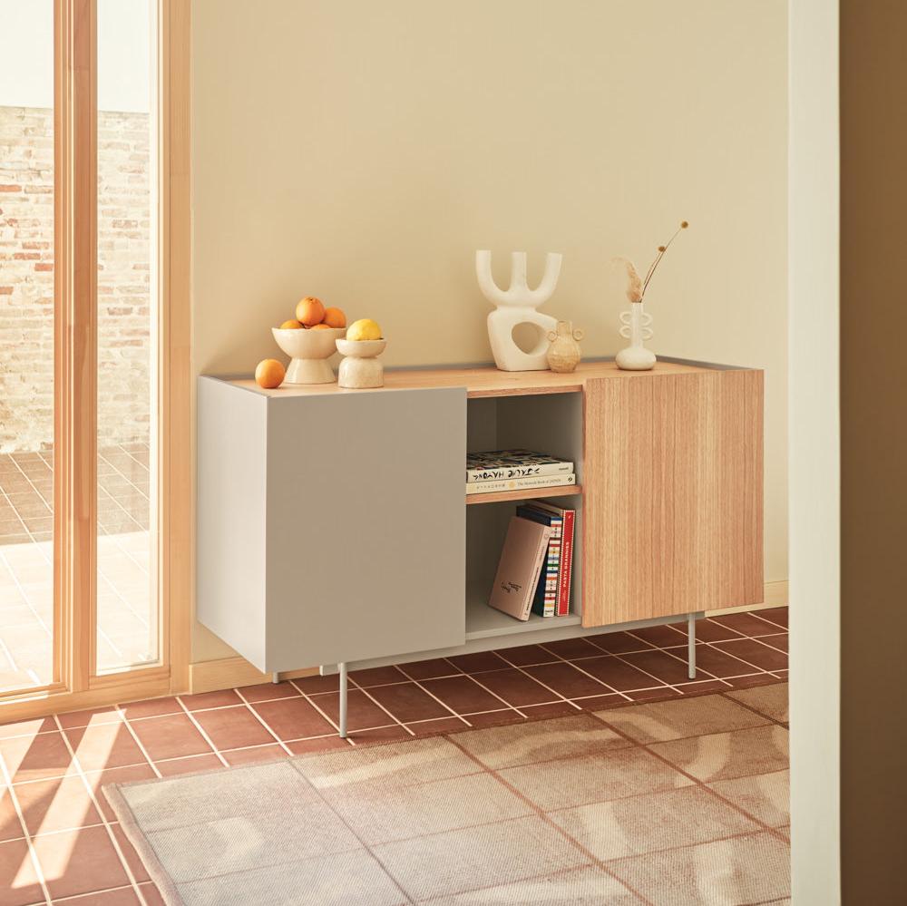 Buffet 2 portes et 3 tiroirs 135x78 cm Otto en chêne et cachemire