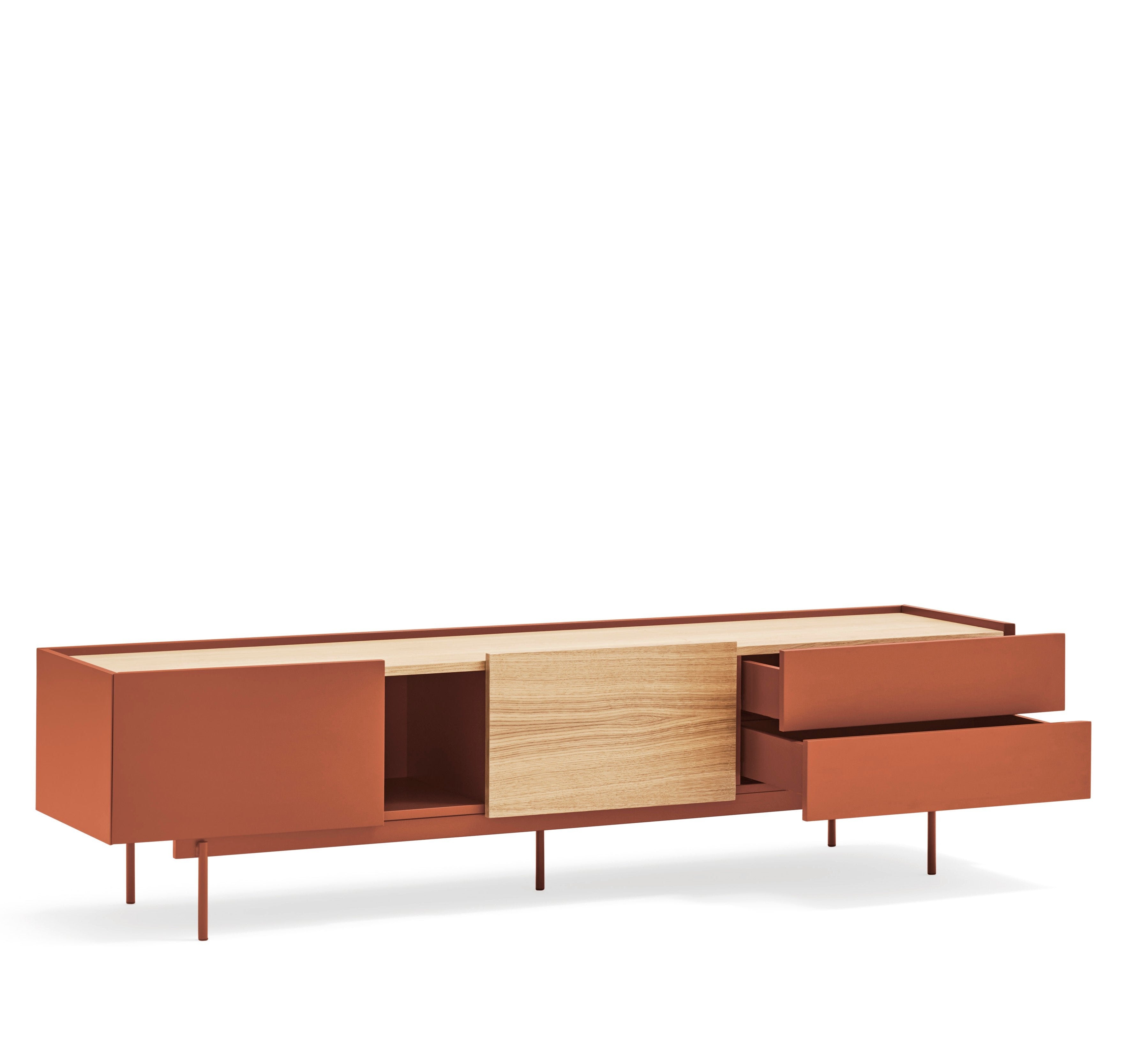 Meuble TV 2 portes 2 tiroirs 180x45 cm Otto en bois de chêne et terre cuite