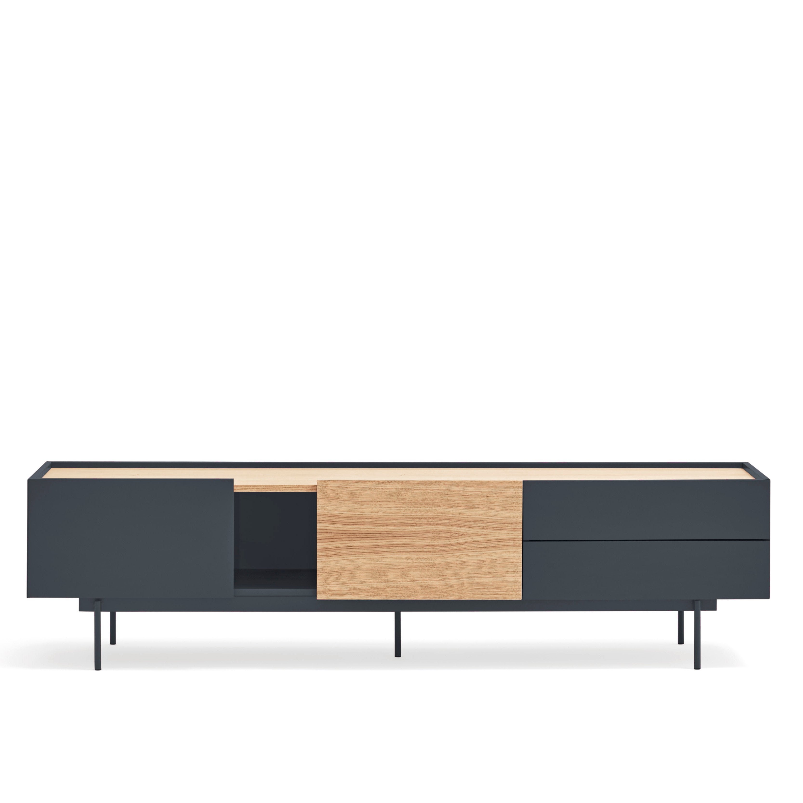 Meuble TV 2 portes 2 tiroirs 180x45 cm Otto en bois de chêne gris anthracite
