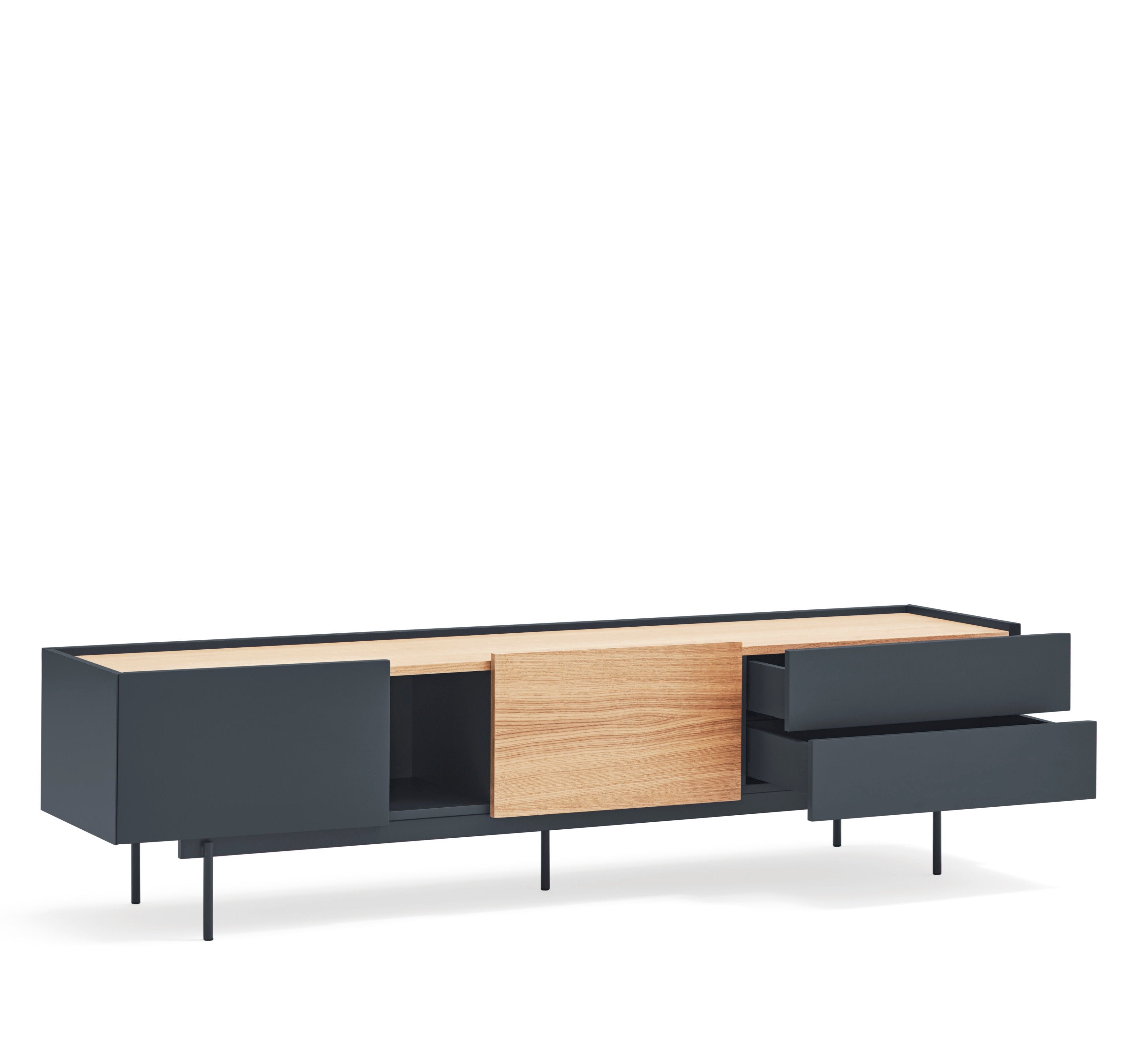 Meuble TV 2 portes 2 tiroirs 180x45 cm Otto en bois de chêne gris anthracite