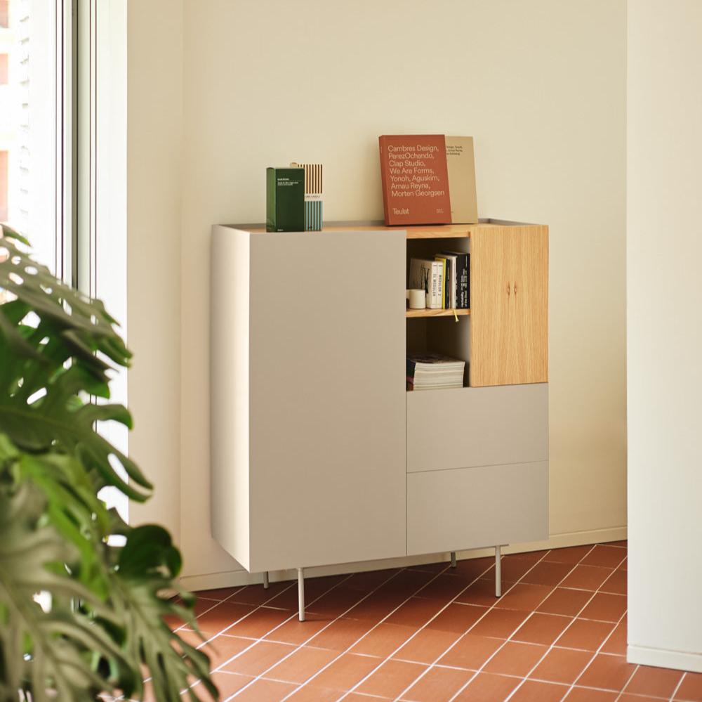 Buffet 2 portes 2 tiroirs 100x120 cm Otto de Teulat en bois de chêne et cachemire