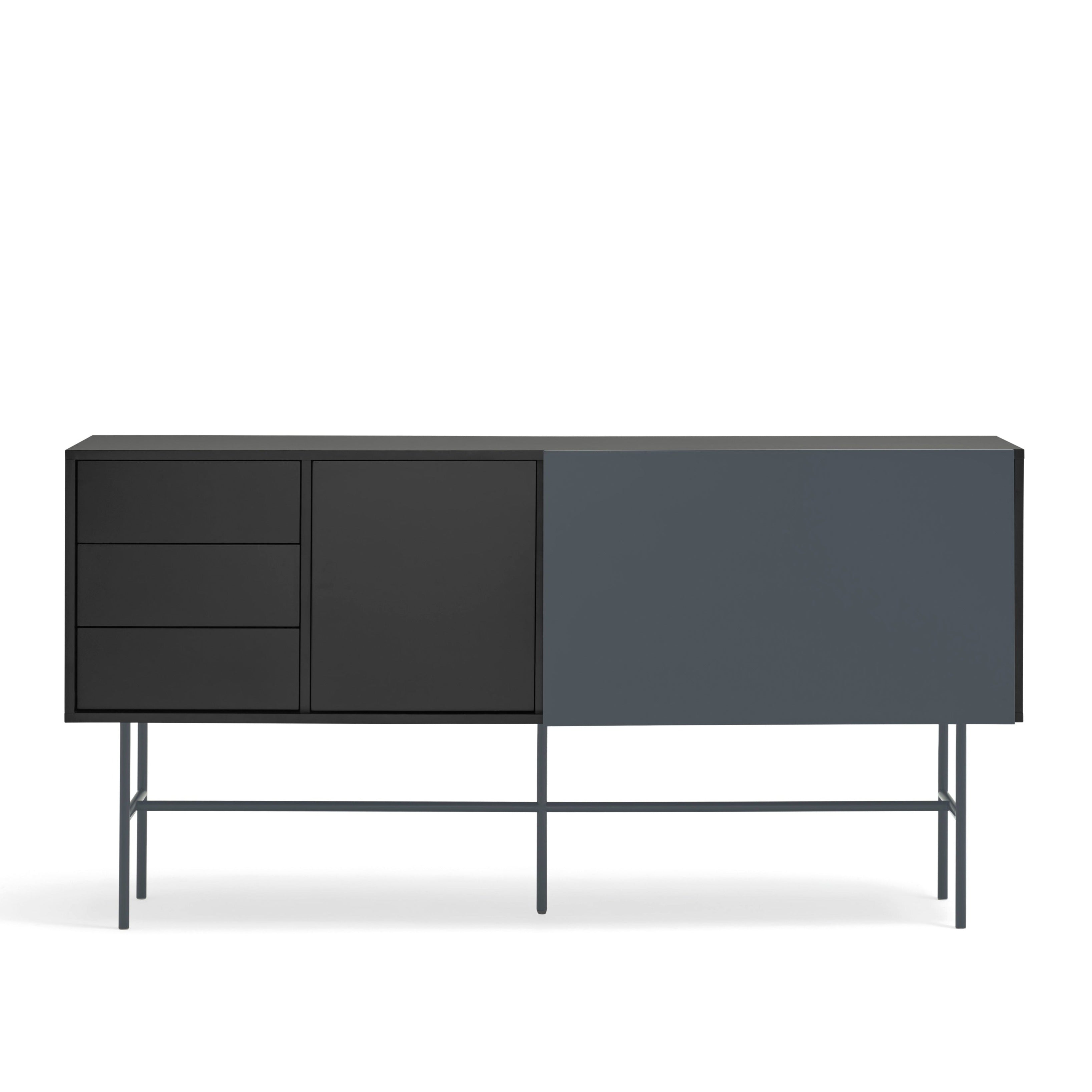 Buffet 3 tiroirs avec porte coulissante laquée noir et gris anthracite avec pied en fer Nube di Teulat 180x45cm
