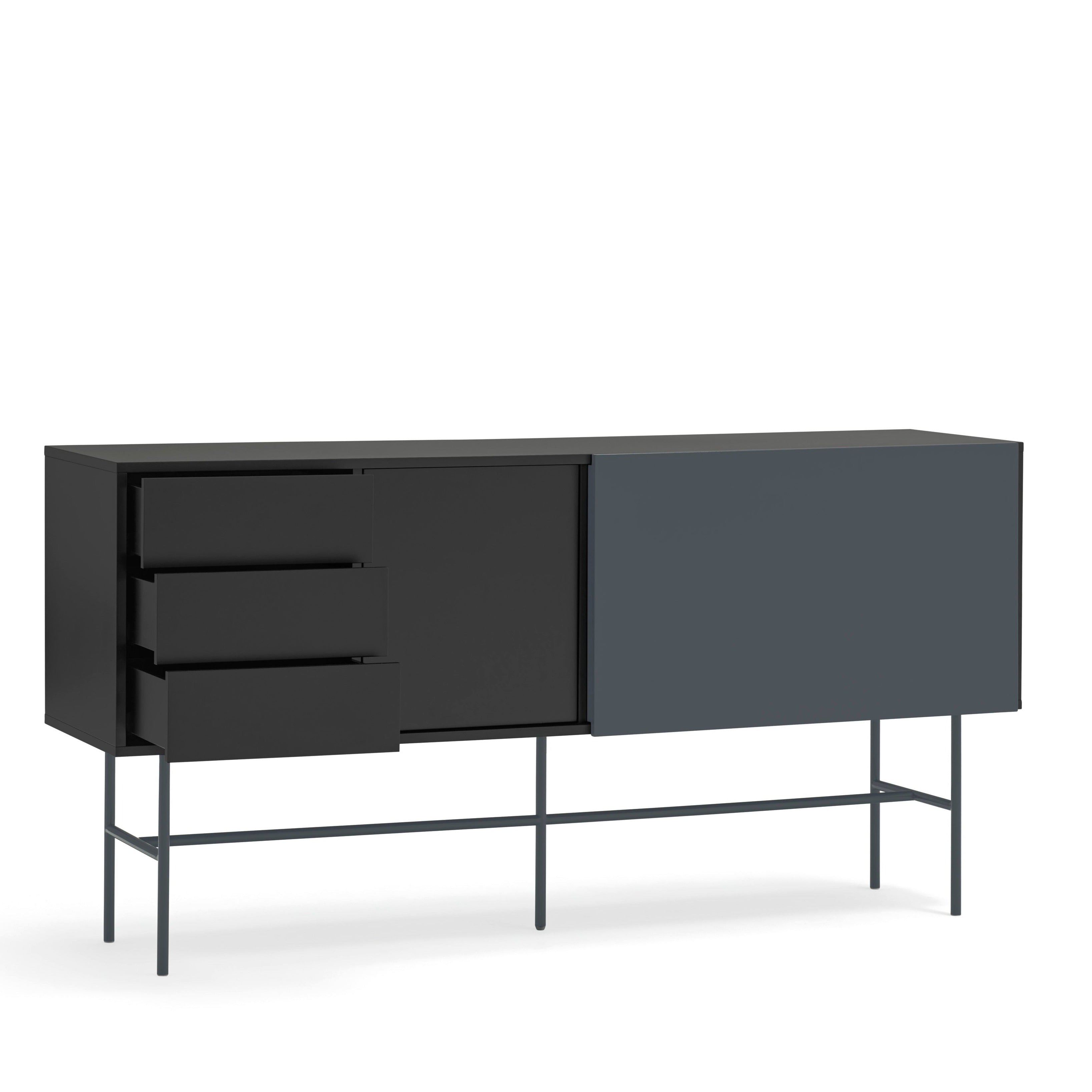 Buffet 3 tiroirs avec porte coulissante laquée noir et gris anthracite avec pied en fer Nube di Teulat 180x45cm