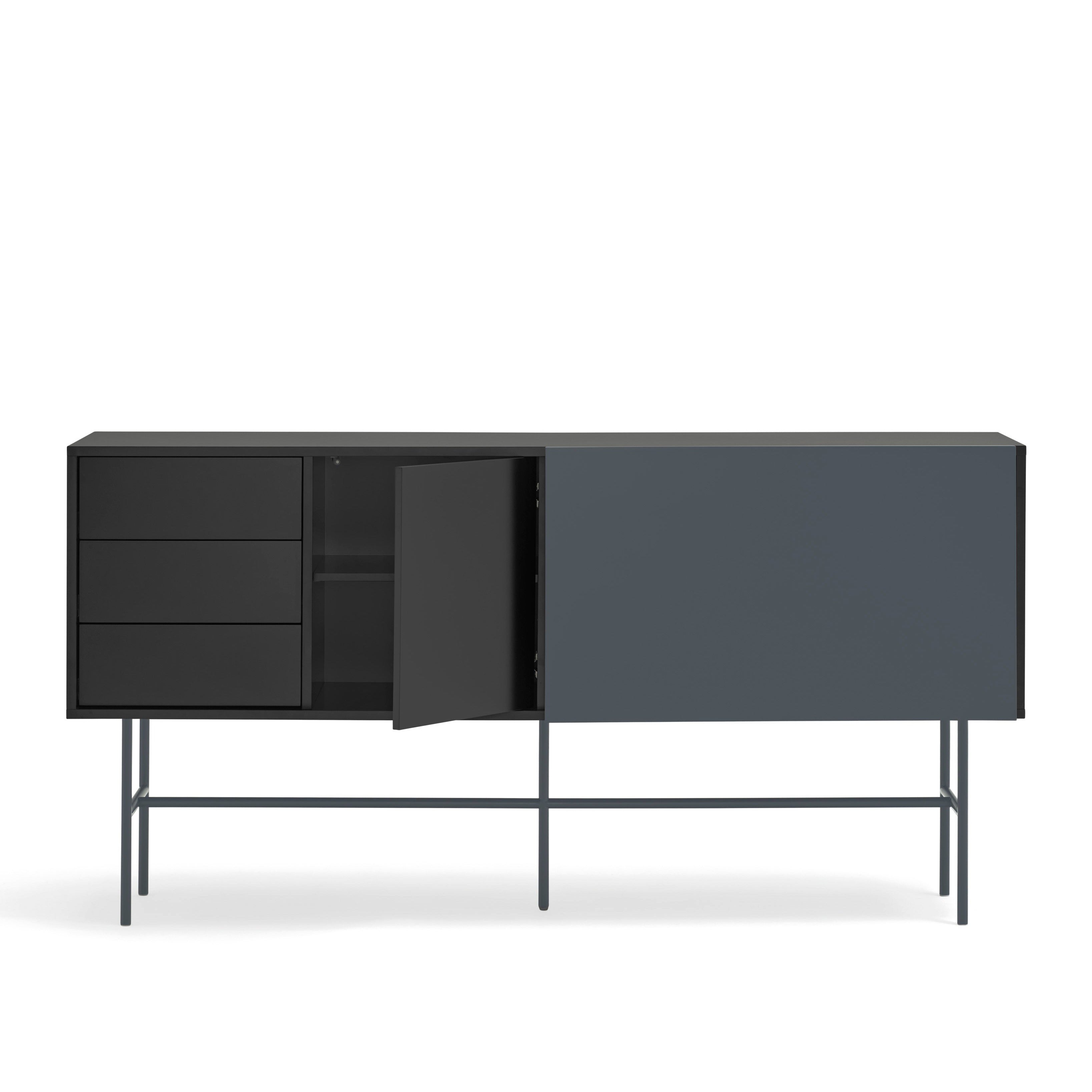Buffet 3 tiroirs avec porte coulissante laquée noir et gris anthracite avec pied en fer Nube di Teulat 180x45cm