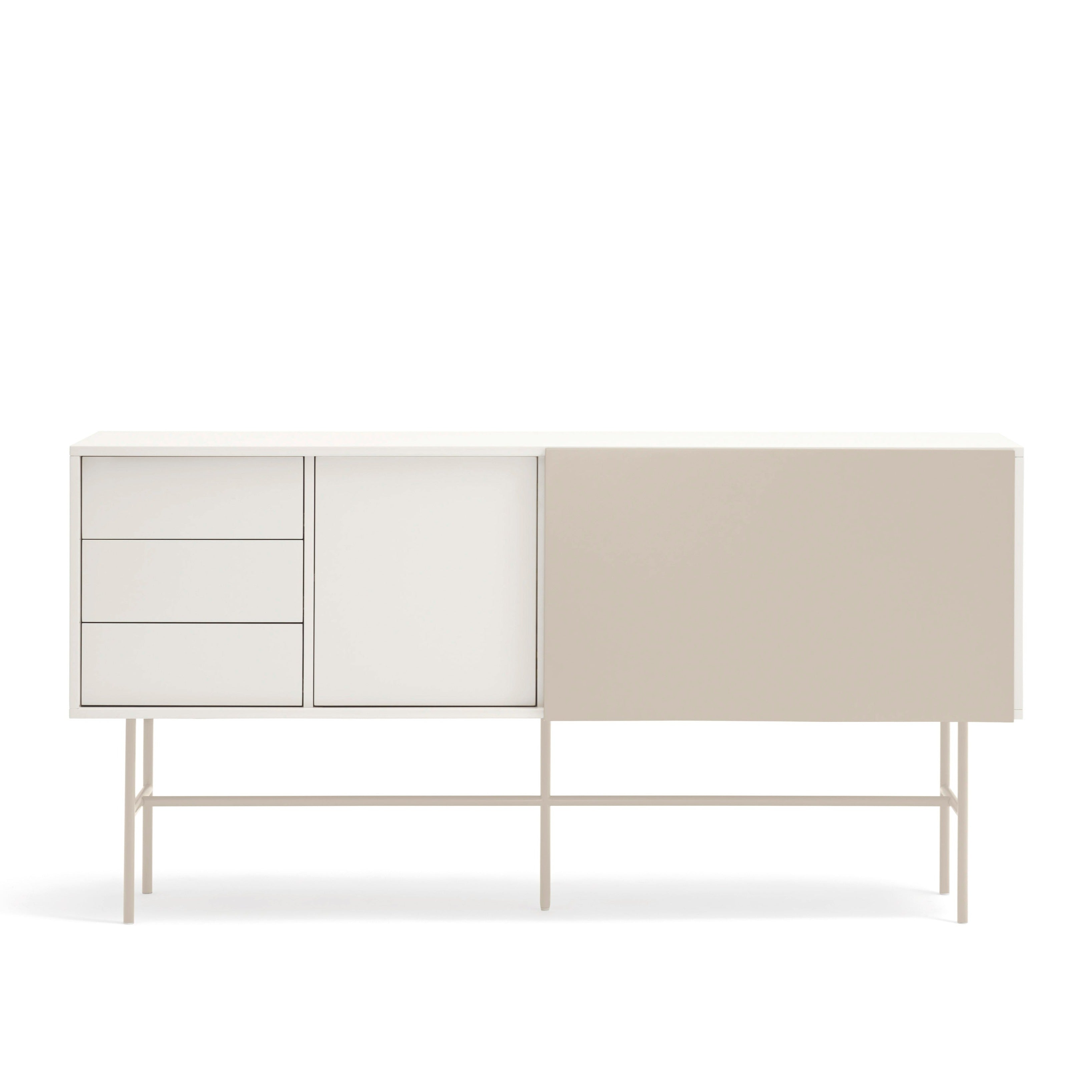Buffet 3 tiroirs avec porte coulissante laquée crème et sable avec pied en fer Nube par Teulat 180x45cm