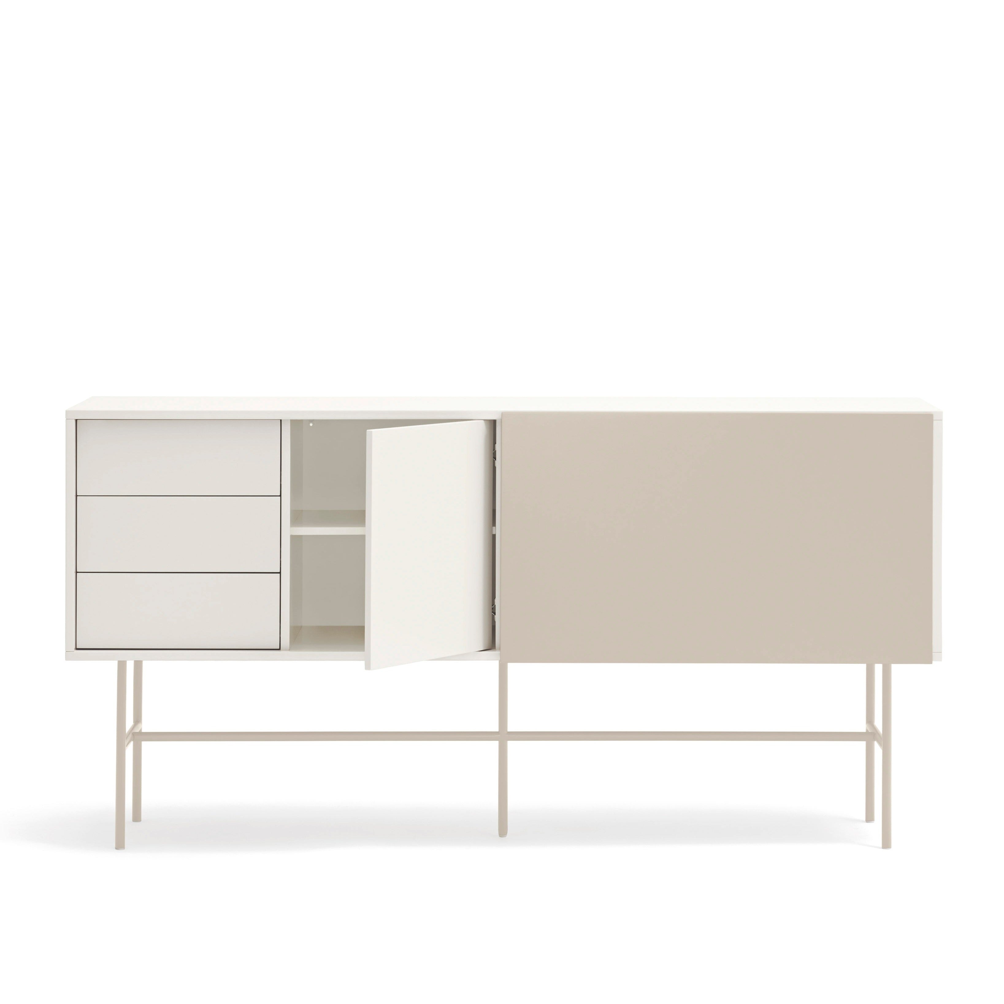 Buffet 3 tiroirs avec porte coulissante laquée crème et sable avec pied en fer Nube par Teulat 180x45cm