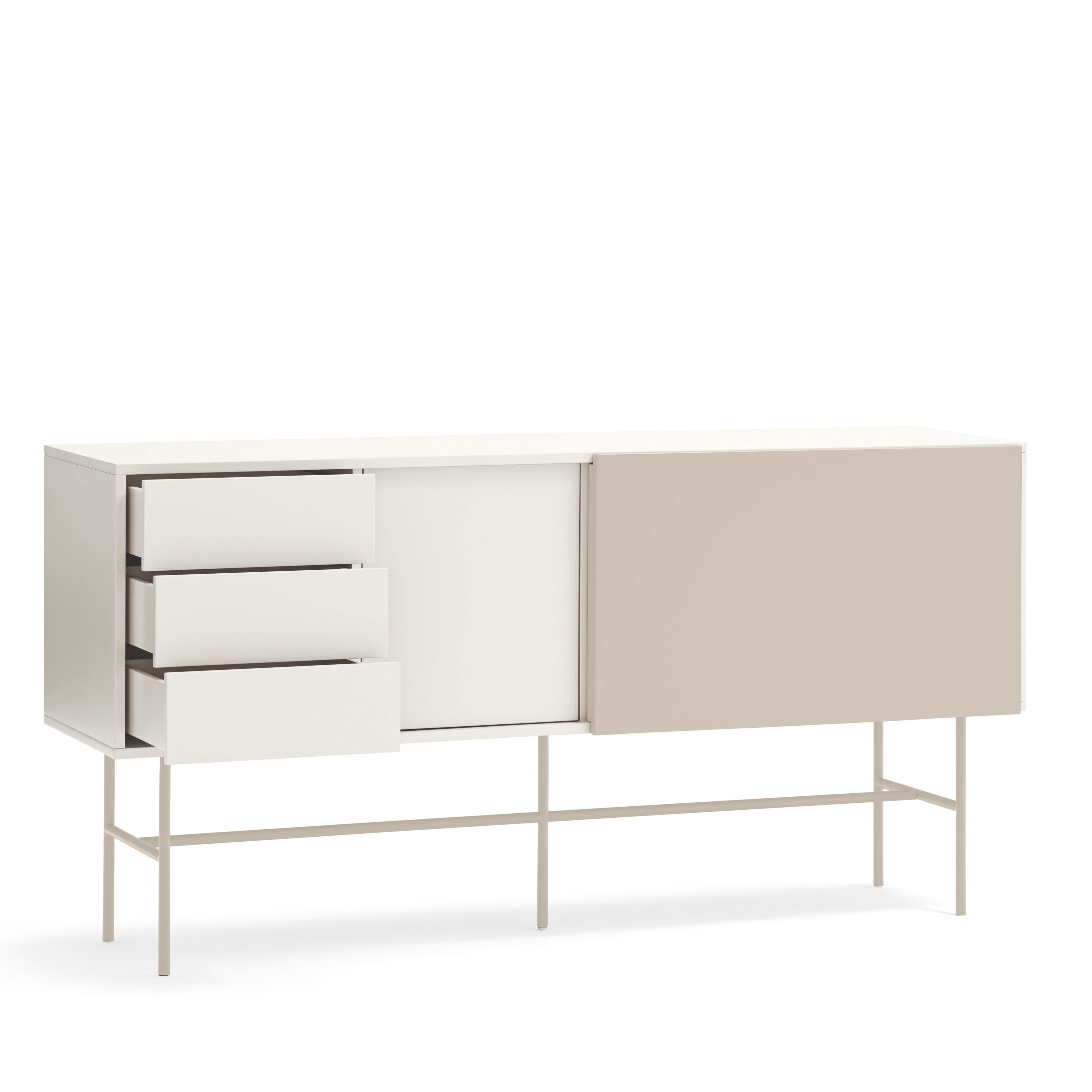 Buffet 3 tiroirs avec porte coulissante laquée crème et sable avec pied en fer Nube par Teulat 180x45cm
