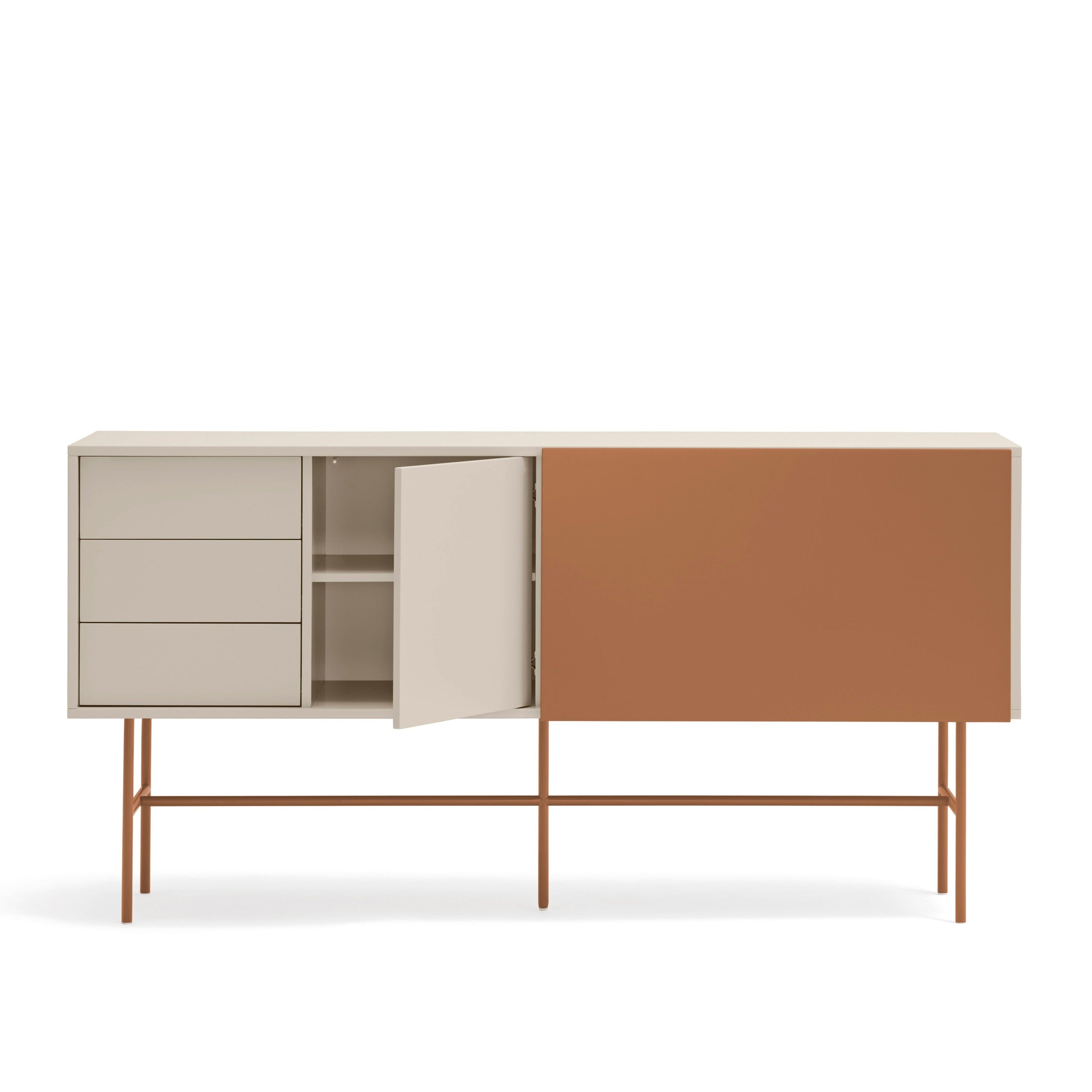 Buffet 3 tiroirs et porte coulissante laquée sable et terre cuite avec pied en fer Nube di Teulat 180x45cm