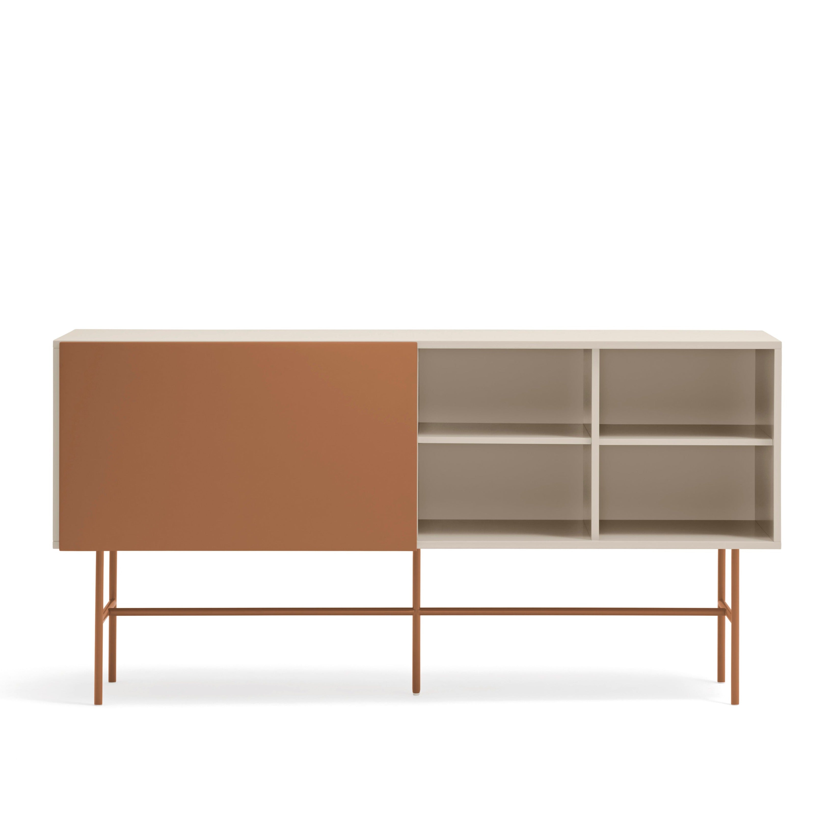 Buffet 3 tiroirs et porte coulissante laquée sable et terre cuite avec pied en fer Nube di Teulat 180x45cm