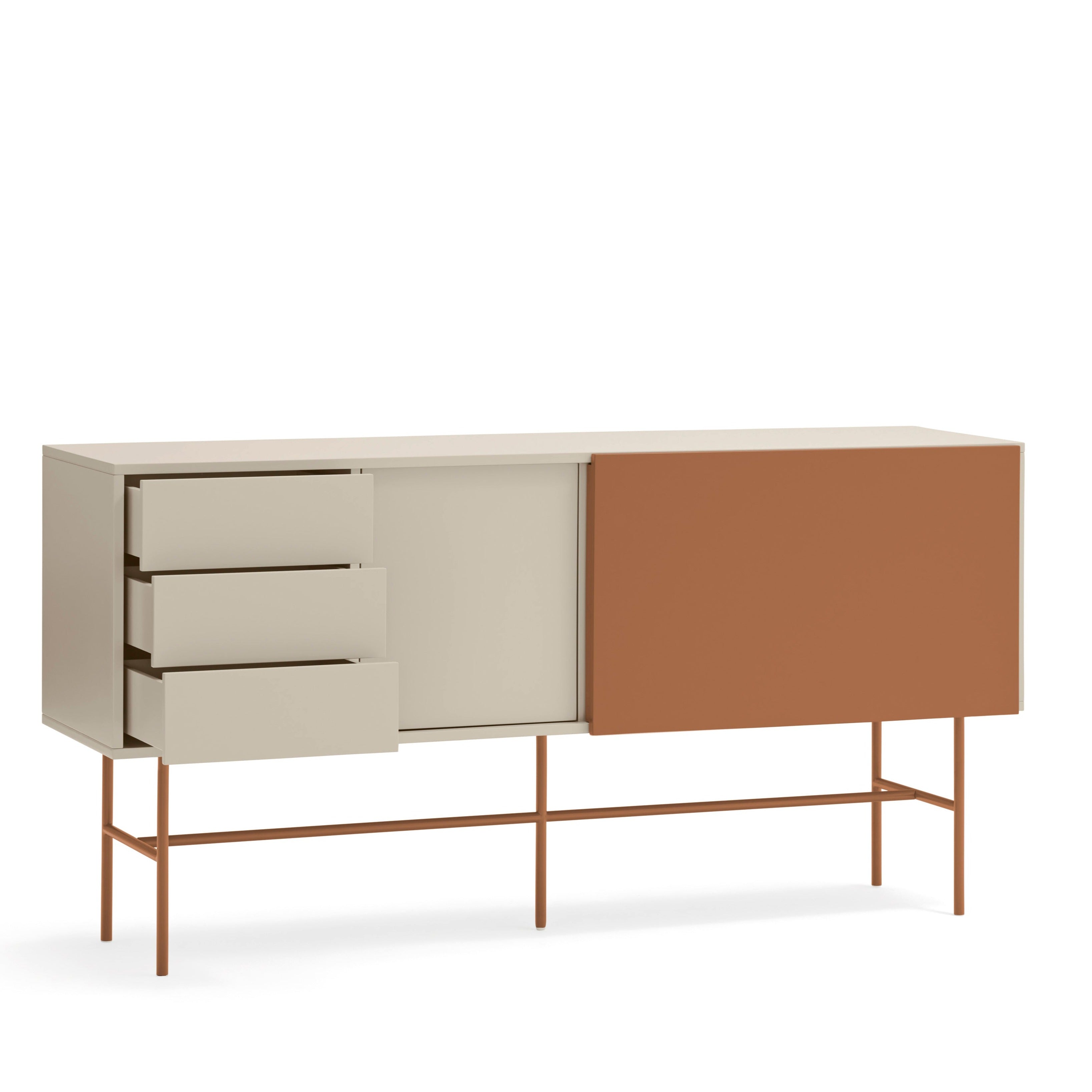 Buffet 3 tiroirs et porte coulissante laquée sable et terre cuite avec pied en fer Nube di Teulat 180x45cm