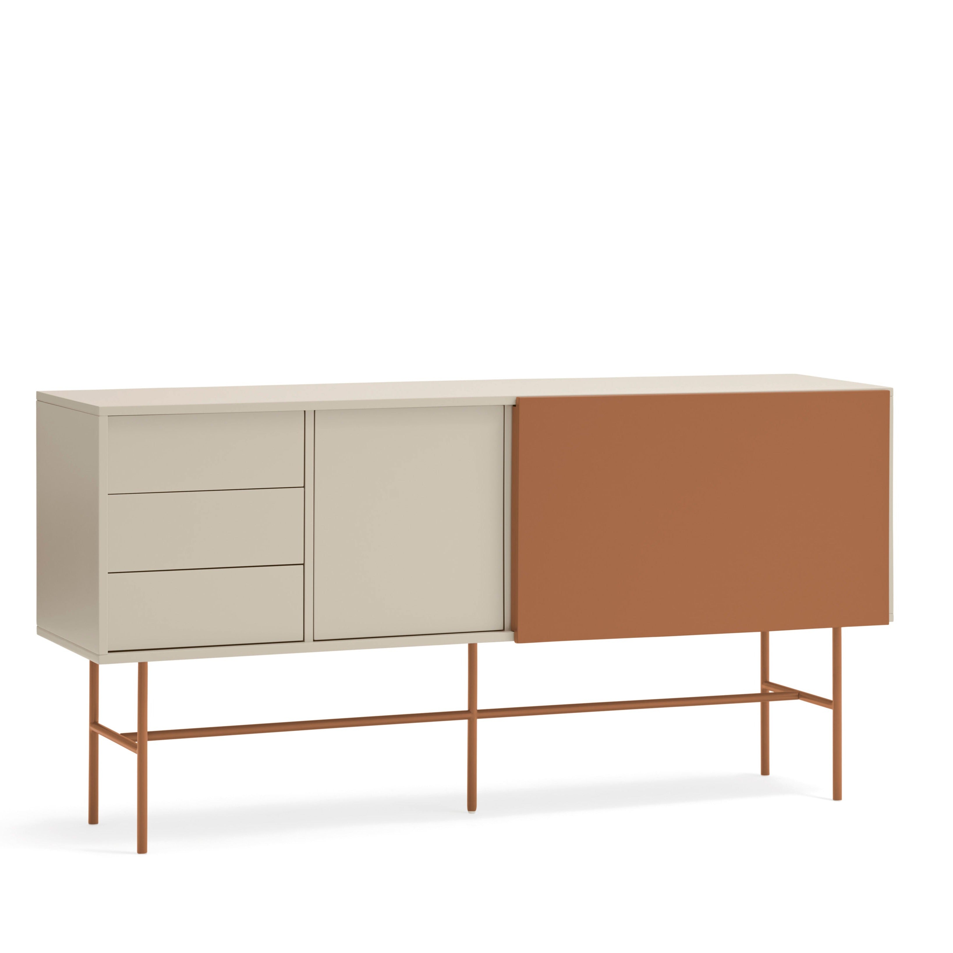 Buffet 3 tiroirs et porte coulissante laquée sable et terre cuite avec pied en fer Nube di Teulat 180x45cm
