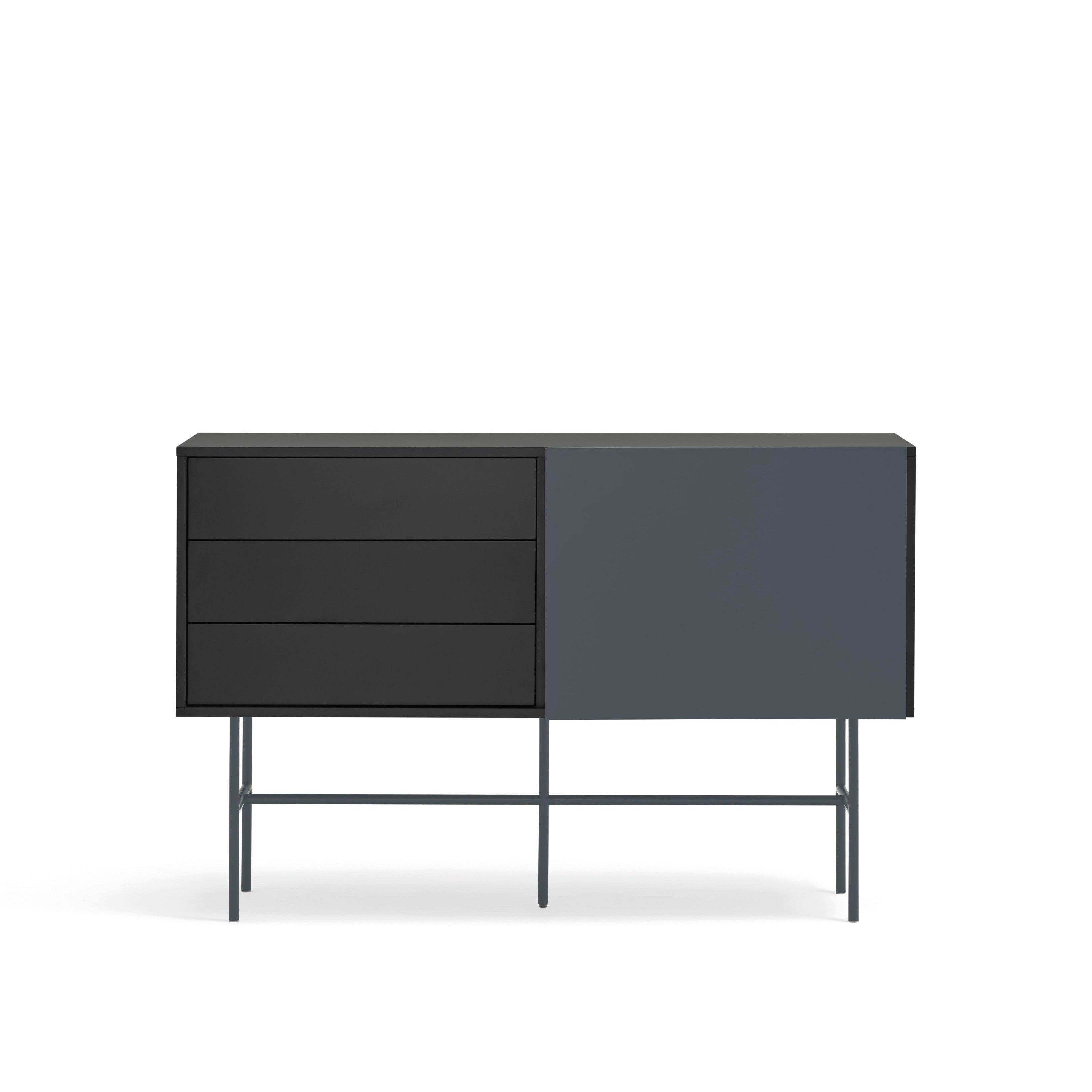Commode 3 tiroirs et porte coulissante laquée noir et gris anthracite Nube de Teulat 140x91 cm