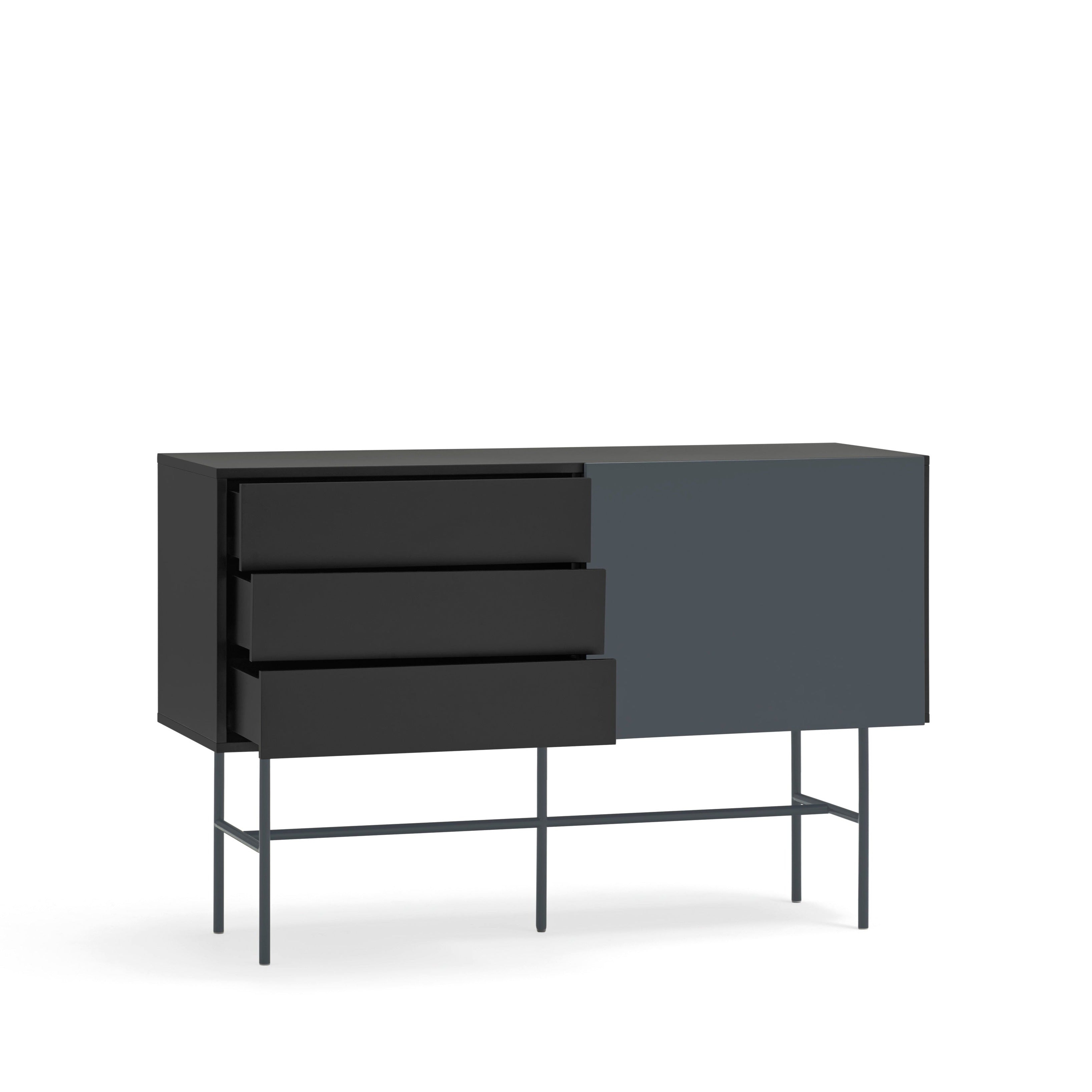 Commode 3 tiroirs et porte coulissante laquée noir et gris anthracite Nube de Teulat 140x91 cm