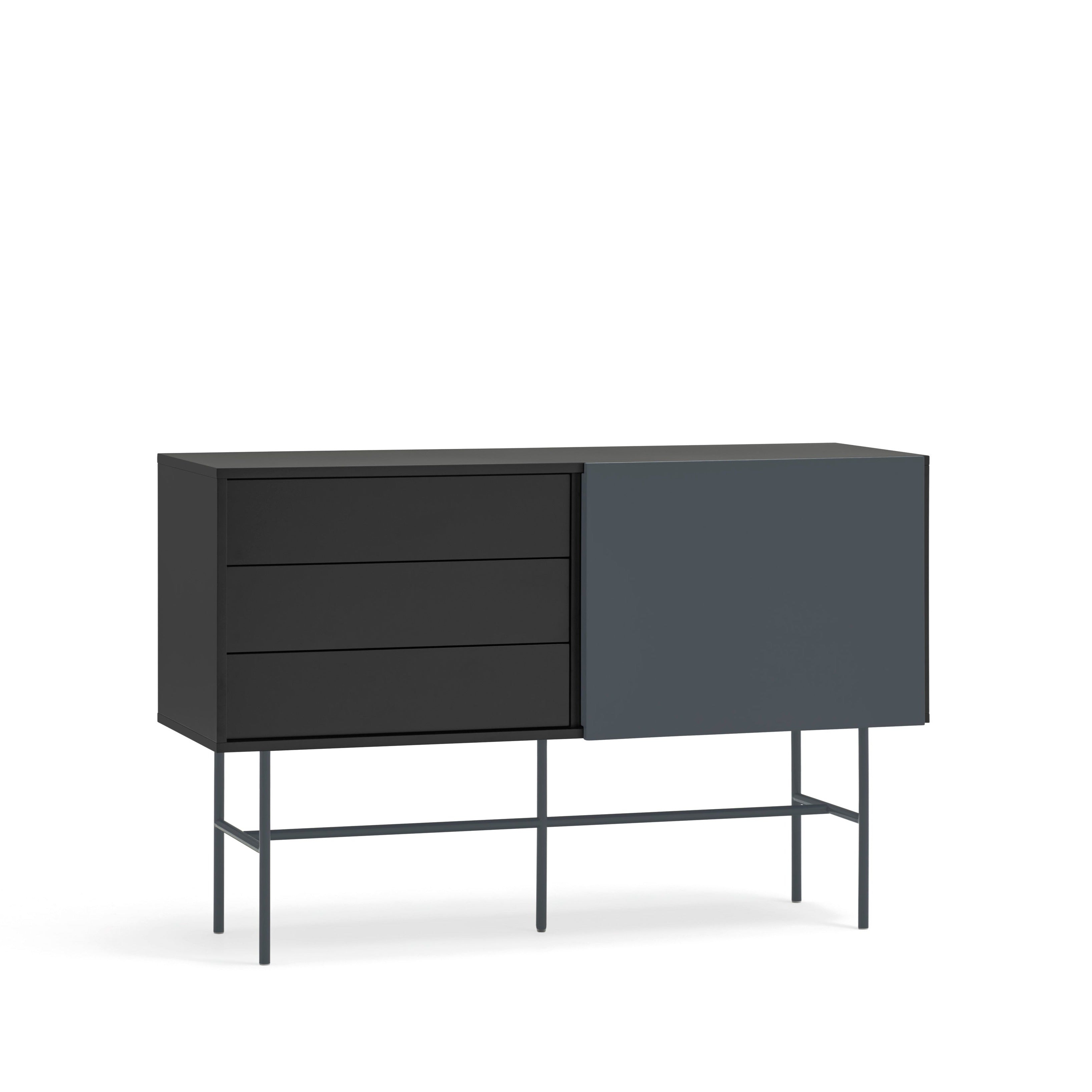 Commode 3 tiroirs et porte coulissante laquée noir et gris anthracite Nube de Teulat 140x91 cm