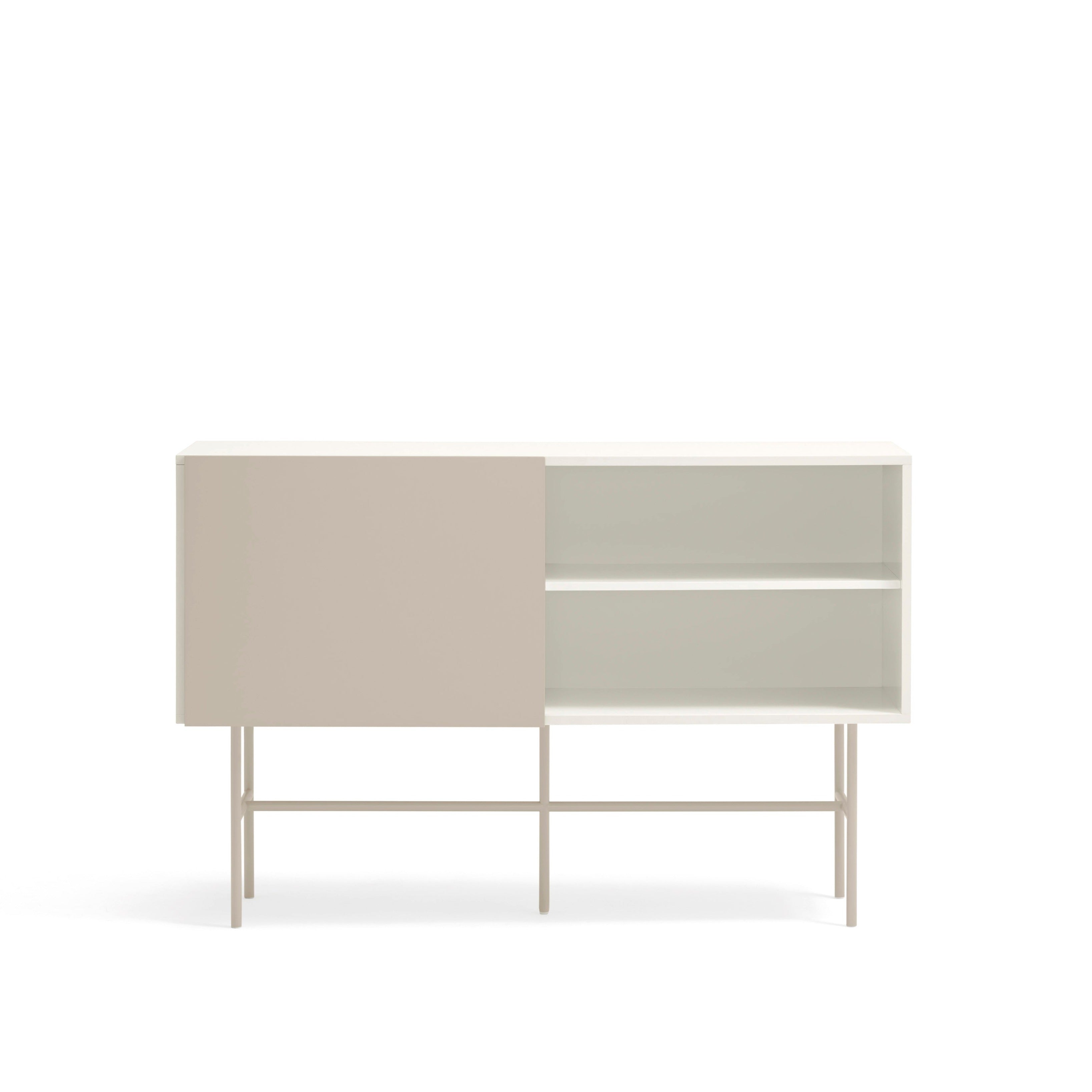 Commode 3 tiroirs et porte coulissante laquée crème et sable Nube de Teulat 140x91 cm