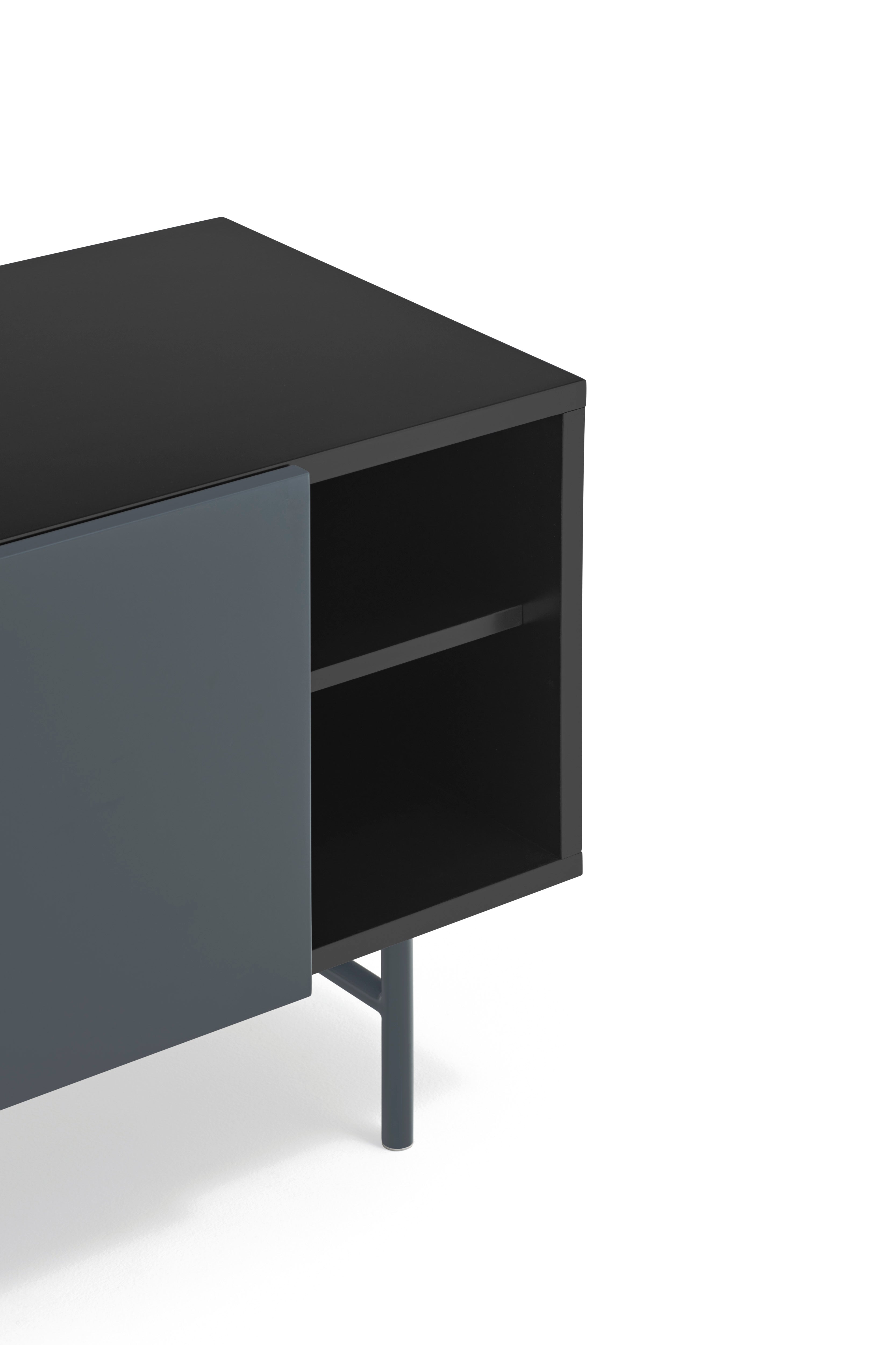 Meuble TV 2 portes et 2 tiroirs 180x56 cm Nube par Teulat laqué noir et gris anthracite avec pied en fer