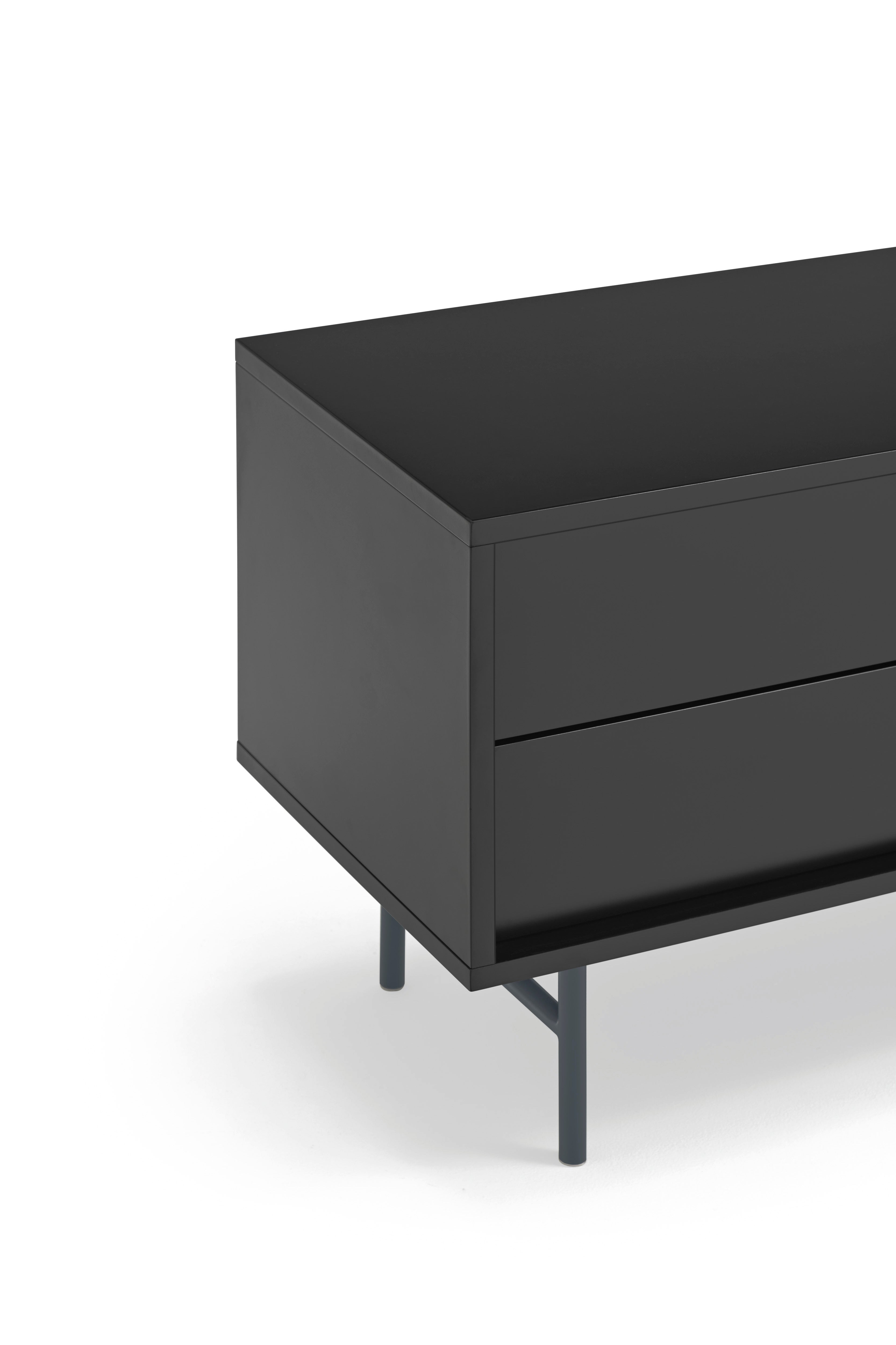 Meuble TV 2 portes et 2 tiroirs 180x56 cm Nube par Teulat laqué noir et gris anthracite avec pied en fer