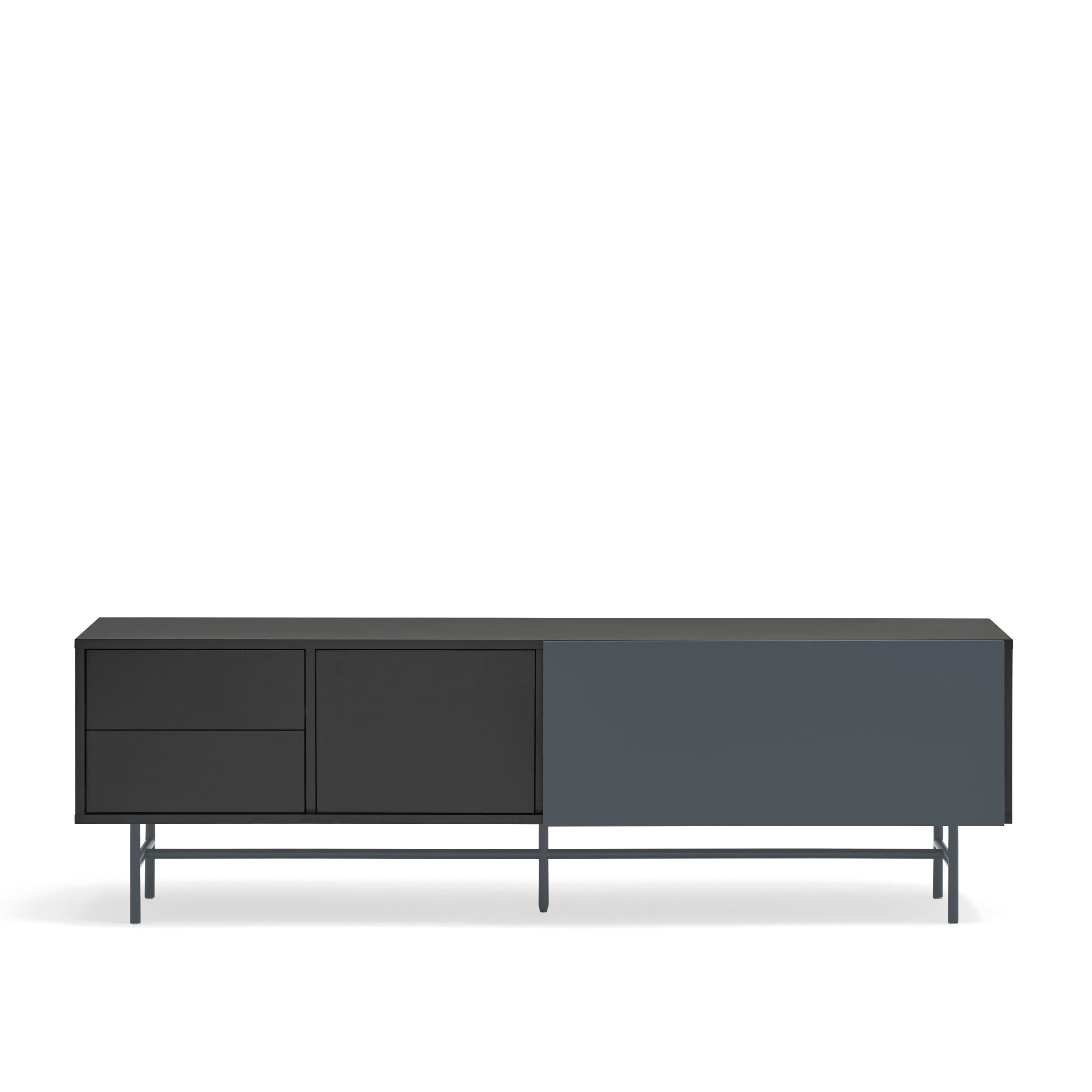 Meuble TV 2 portes et 2 tiroirs 180x56 cm Nube par Teulat laqué noir et gris anthracite avec pied en fer