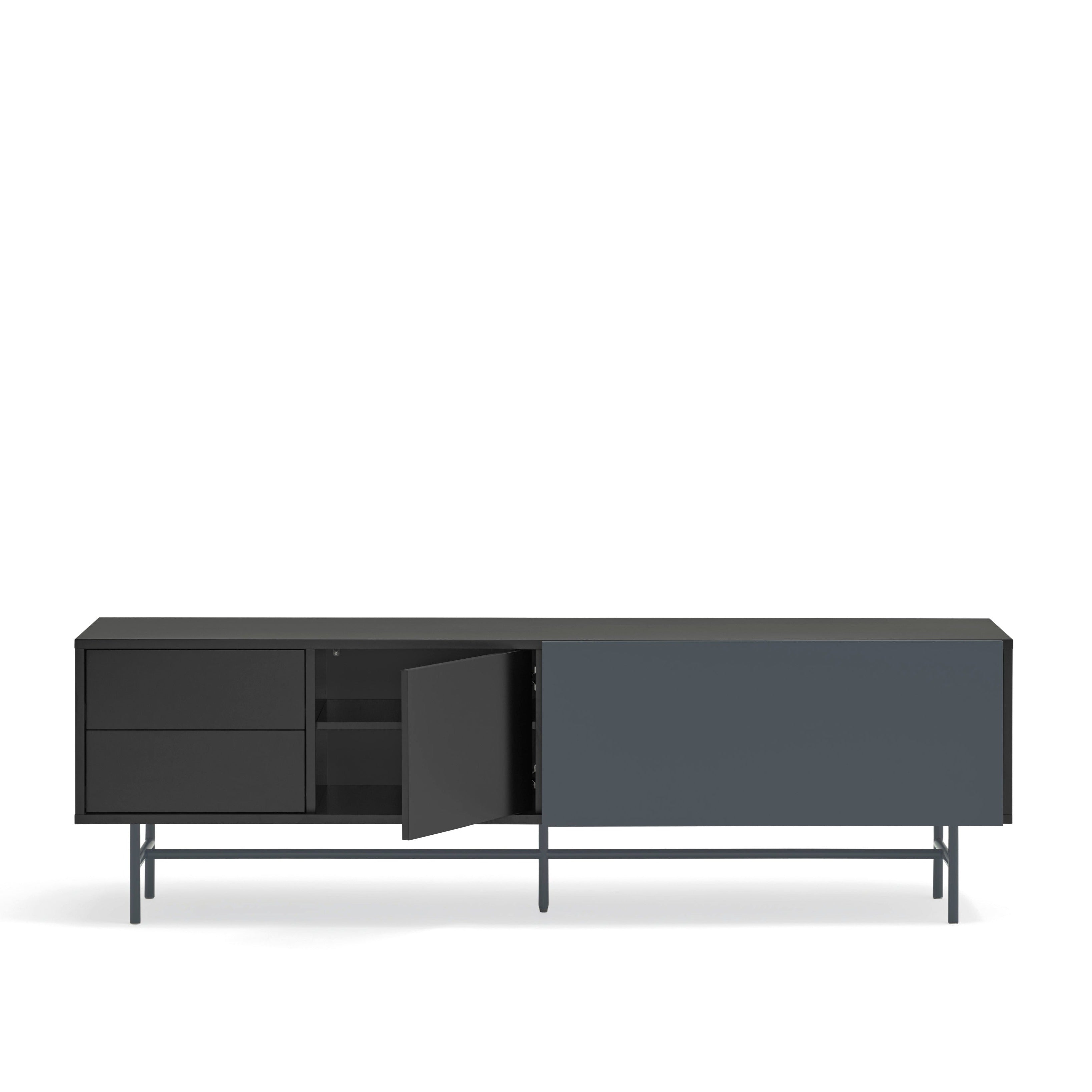 Meuble TV 2 portes et 2 tiroirs 180x56 cm Nube par Teulat laqué noir et gris anthracite avec pied en fer