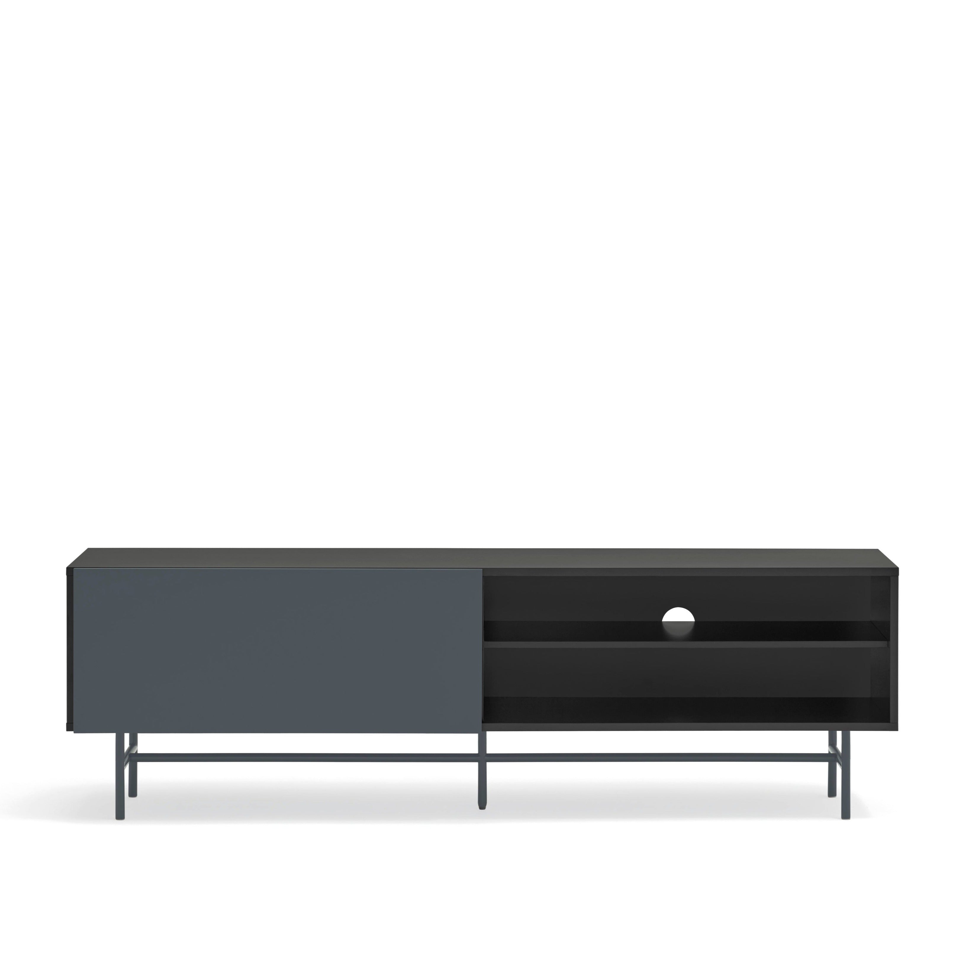Meuble TV 2 portes et 2 tiroirs 180x56 cm Nube par Teulat laqué noir et gris anthracite avec pied en fer