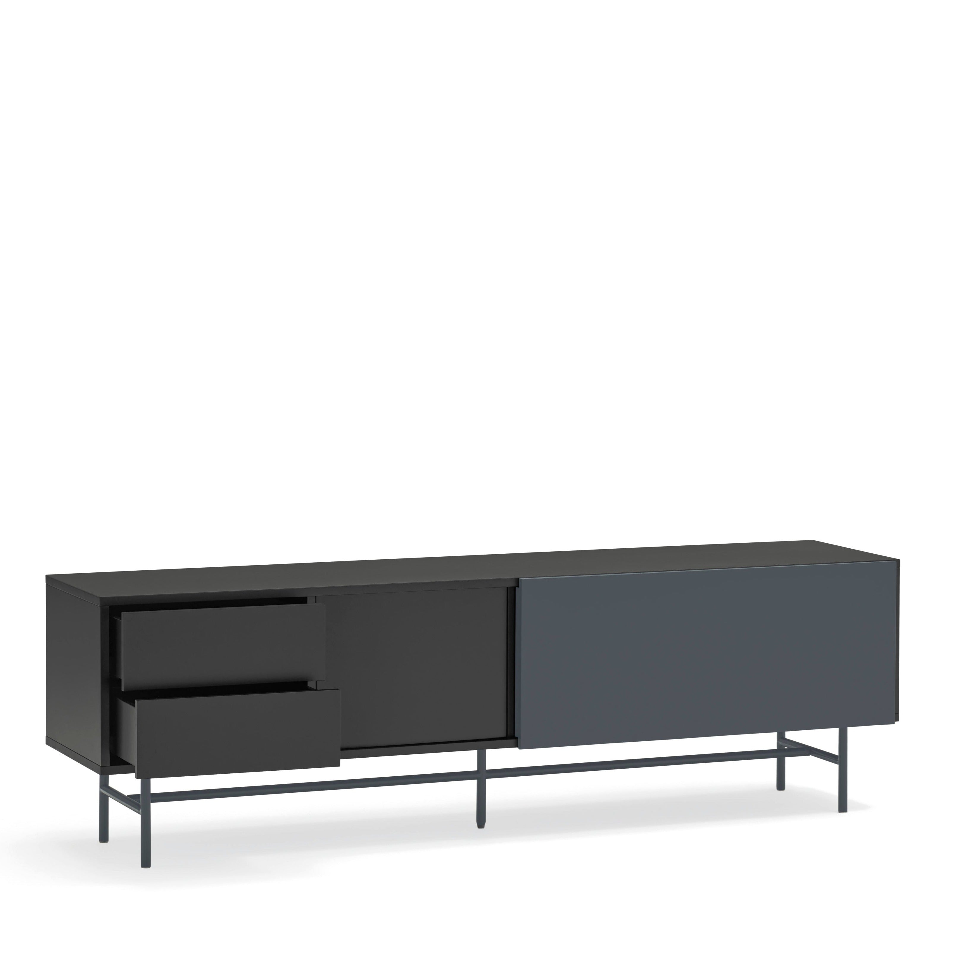 Meuble TV 2 portes et 2 tiroirs 180x56 cm Nube par Teulat laqué noir et gris anthracite avec pied en fer