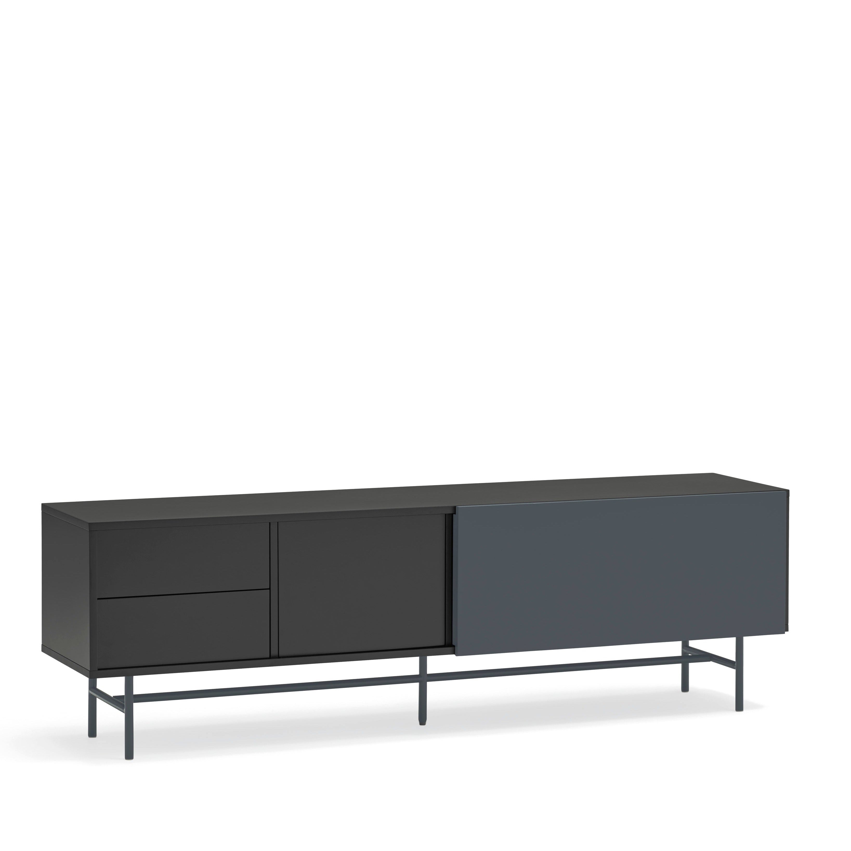 Meuble TV 2 portes et 2 tiroirs 180x56 cm Nube par Teulat laqué noir et gris anthracite avec pied en fer