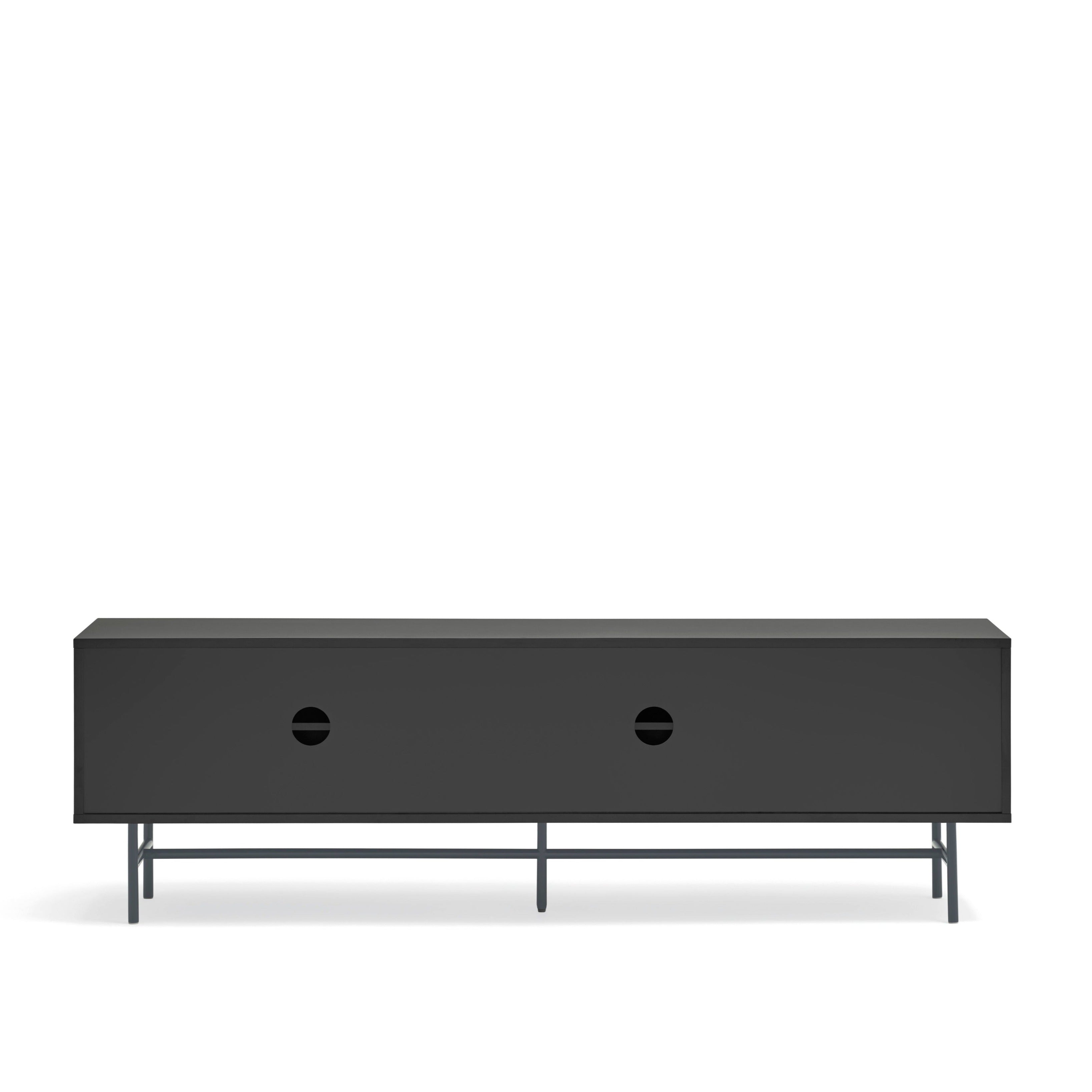 Meuble TV 2 portes et 2 tiroirs 180x56 cm Nube par Teulat laqué noir et gris anthracite avec pied en fer
