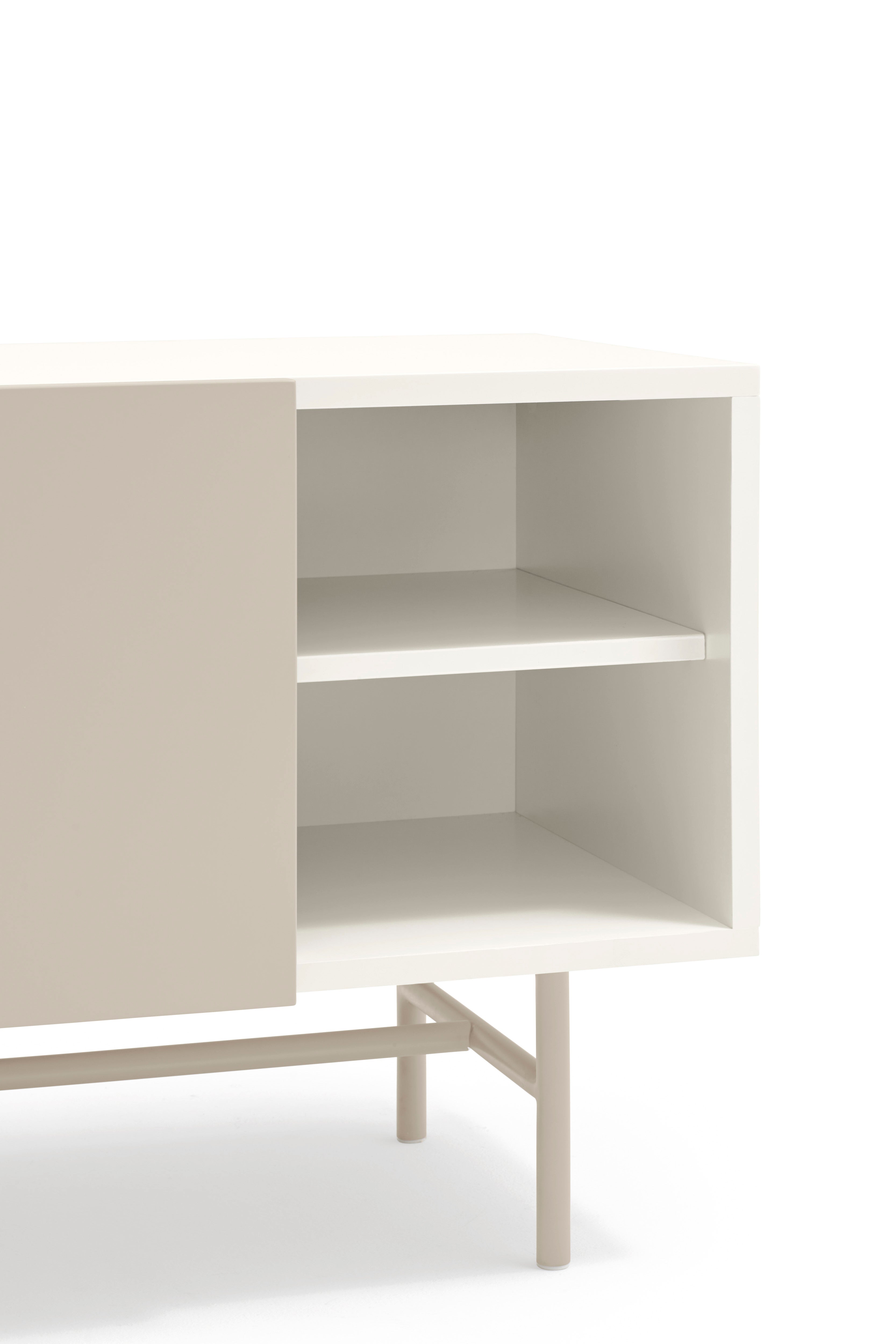 Meuble TV 2 portes et 2 tiroirs 180x56 cm Nube par Teulat laqué crème et sable avec pied en fer