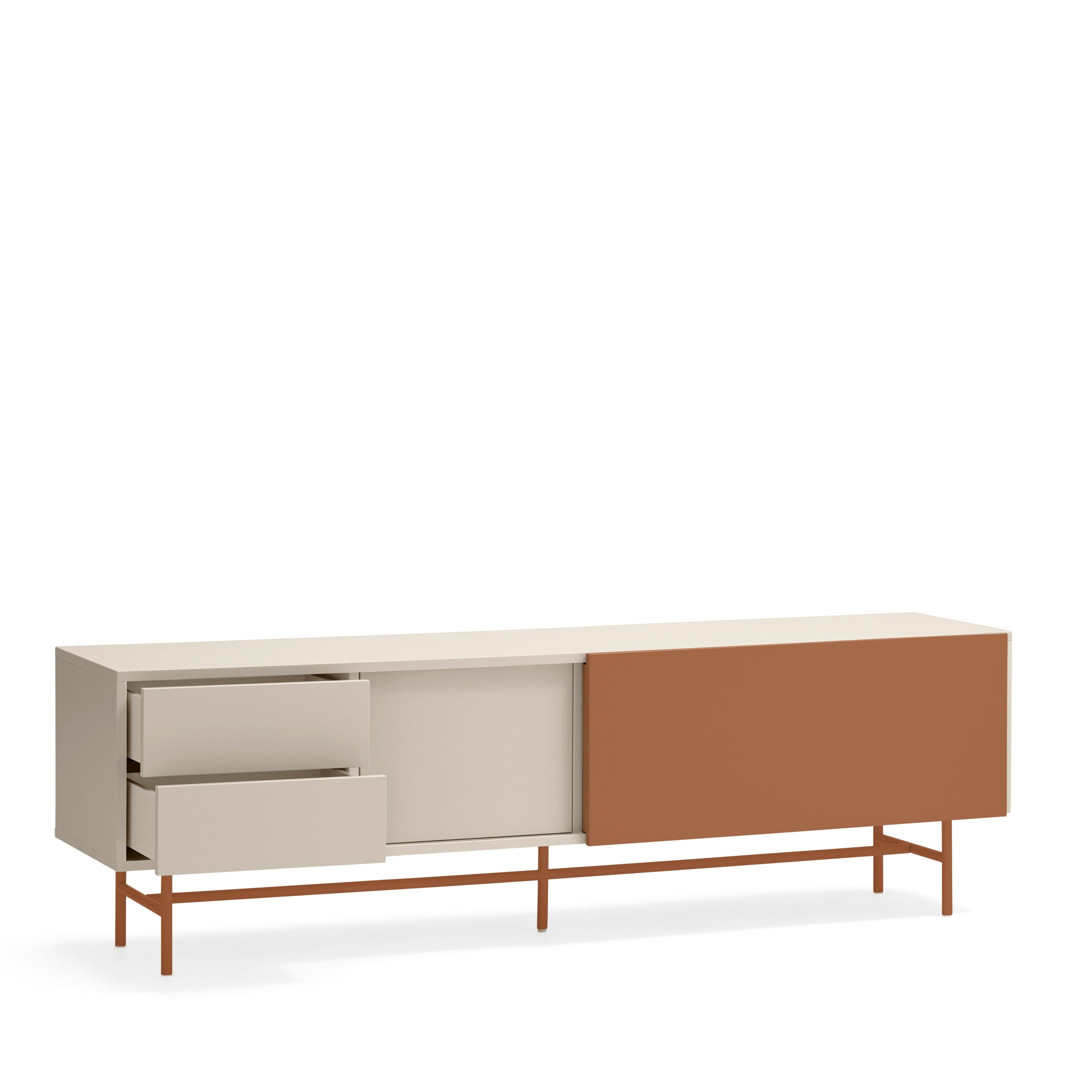 Meuble TV 2 portes et 2 tiroirs 180x56 cm Nube par Teulat laqué sable et terre cuite avec pied en fer