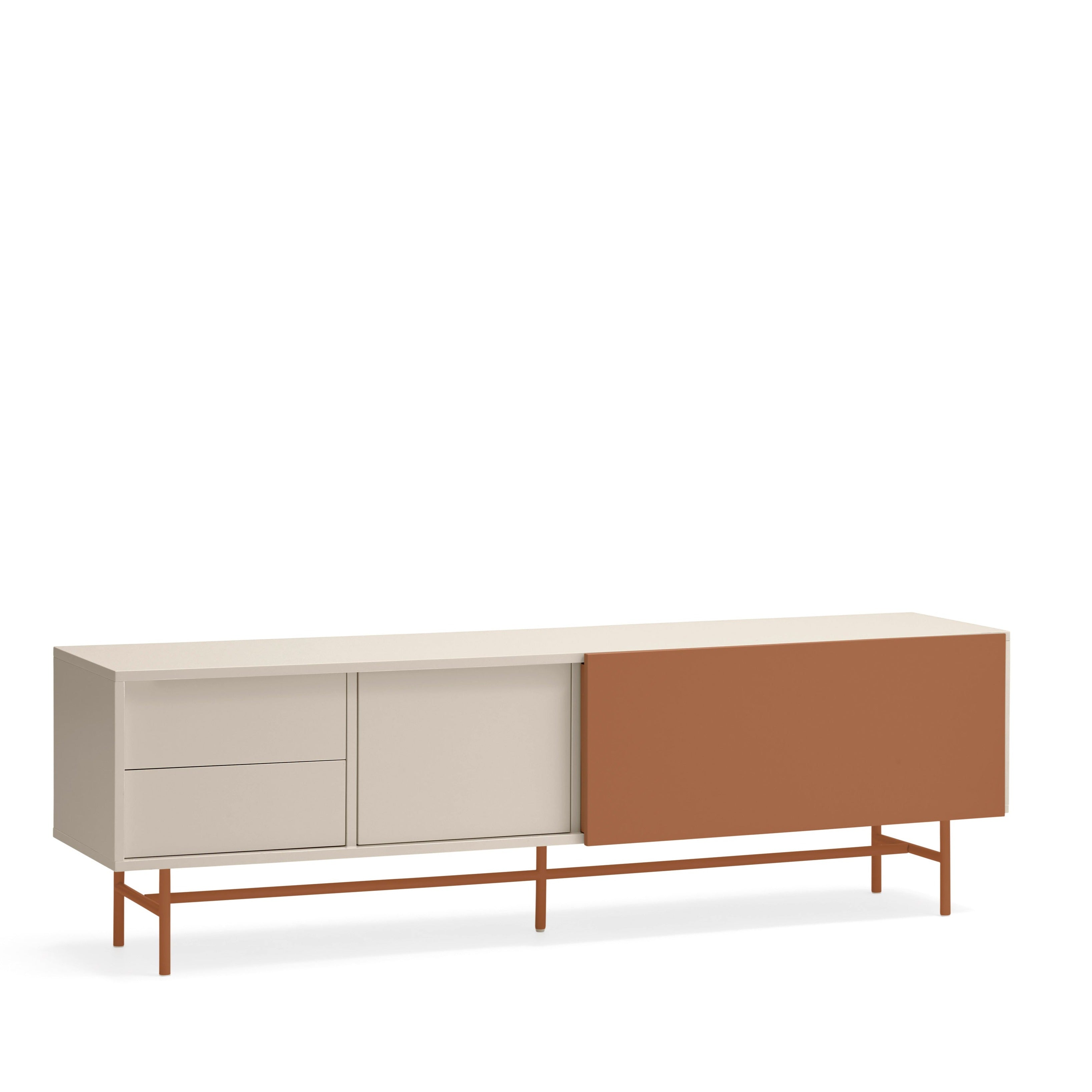 Meuble TV 2 portes et 2 tiroirs 180x56 cm Nube par Teulat laqué sable et terre cuite avec pied en fer