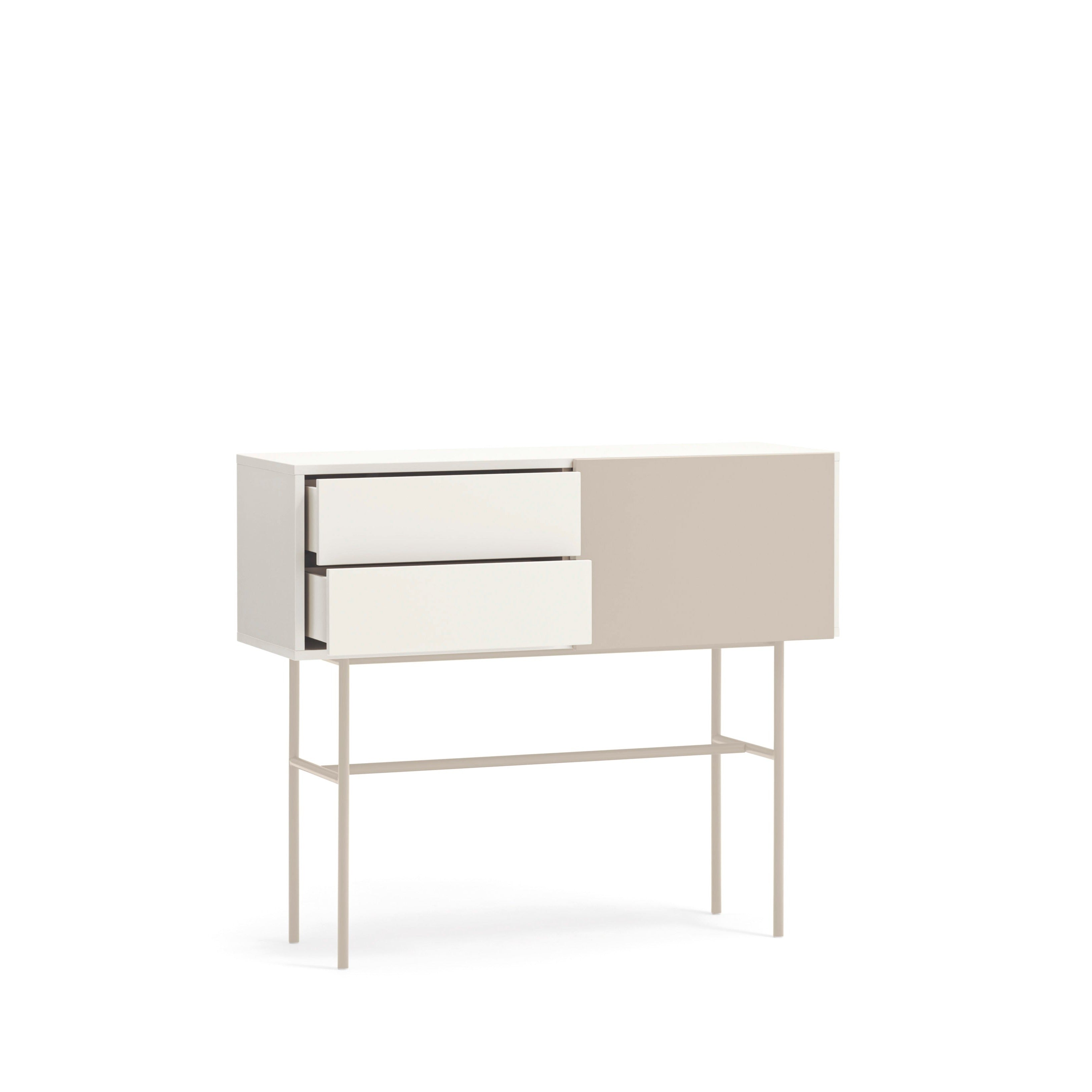 Console 2 tiroirs et porte coulissante laquée crème et sable Nube par Teulat 110x90 cm