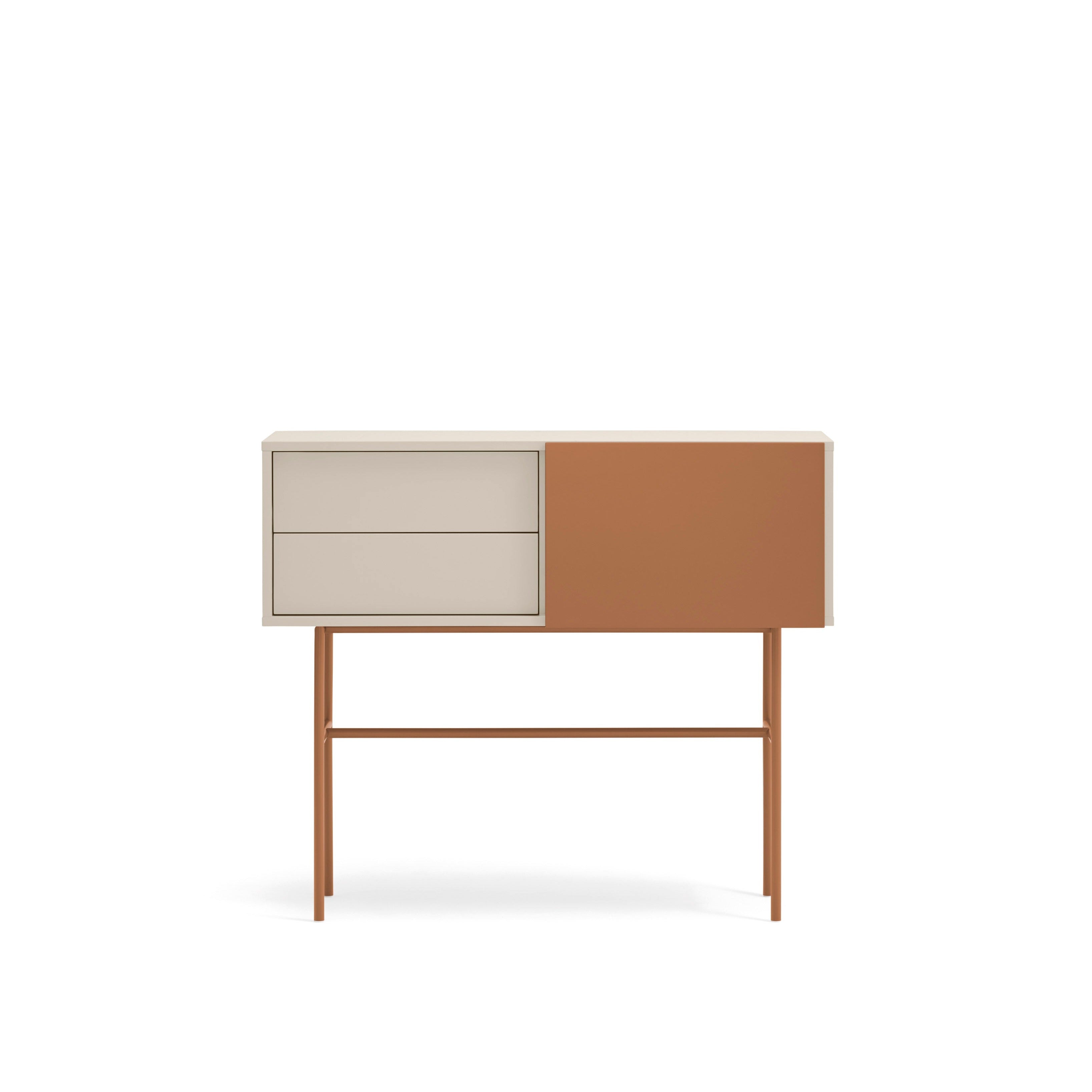 Console 2 tiroirs et porte coulissante laquée sable et terre cuite Nube par Teulat 110x90 cm