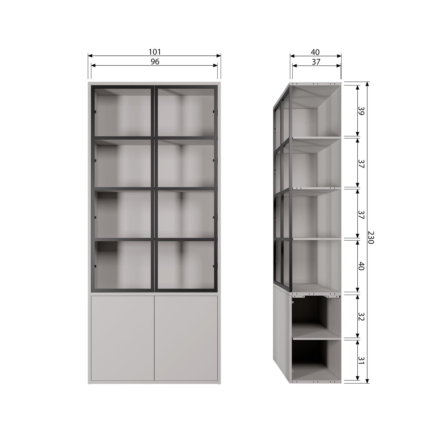 Vetrina 4 ante in legno di pino grigio nebbia Basic 230x101 cm