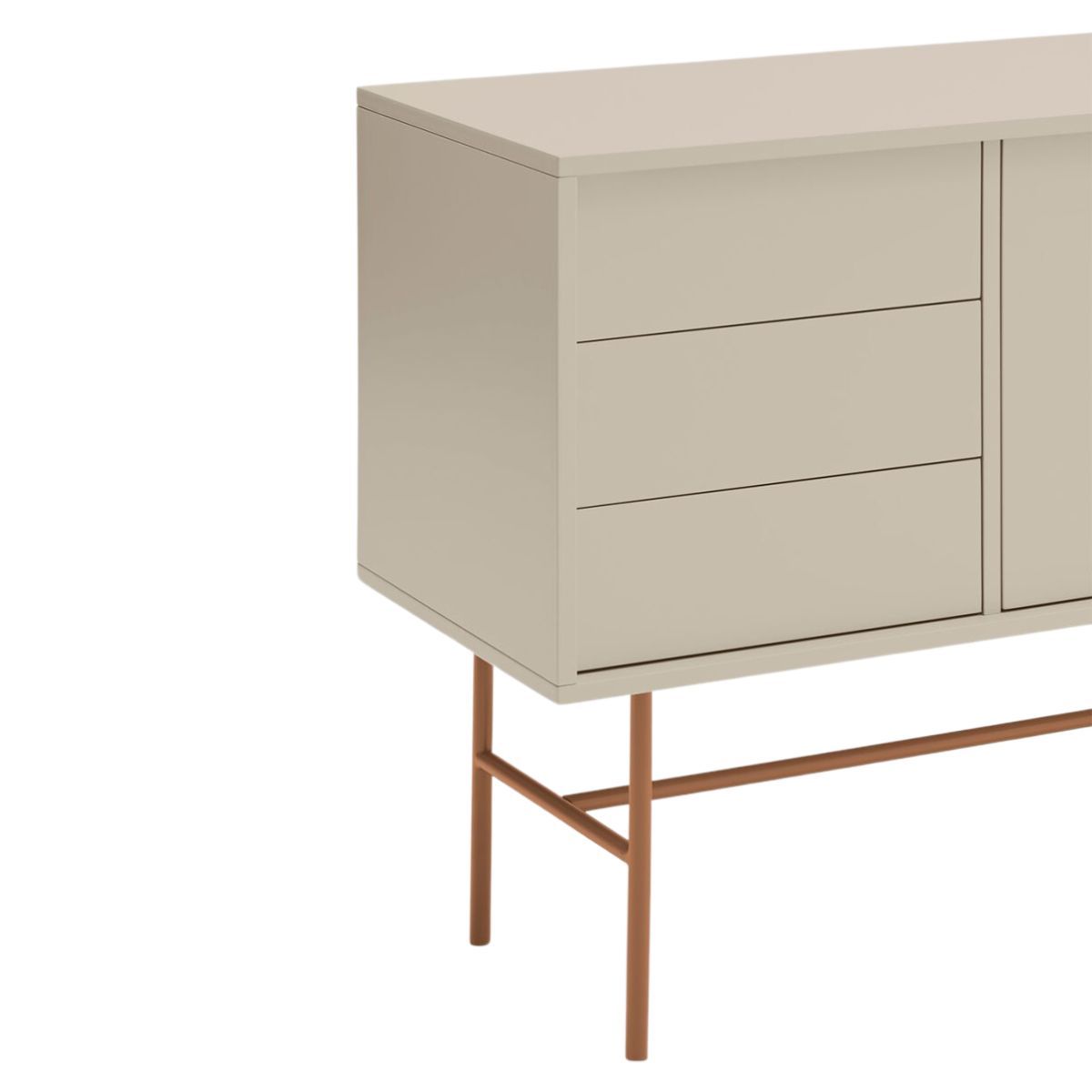 Buffet 3 tiroirs et porte coulissante laquée sable et terre cuite avec pied en fer Nube di Teulat 180x45cm