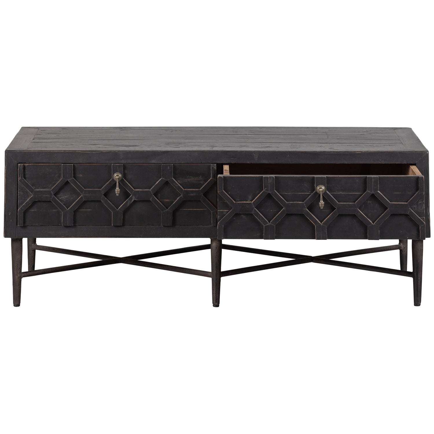 Tavolino 2 cassetti in legno di pino nero Bequest 46x120 cm