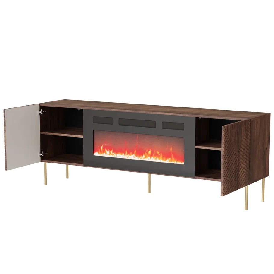 Meuble TV 2 portes noyer pied en métal et cheminée intégrée Deco 191x68 cm