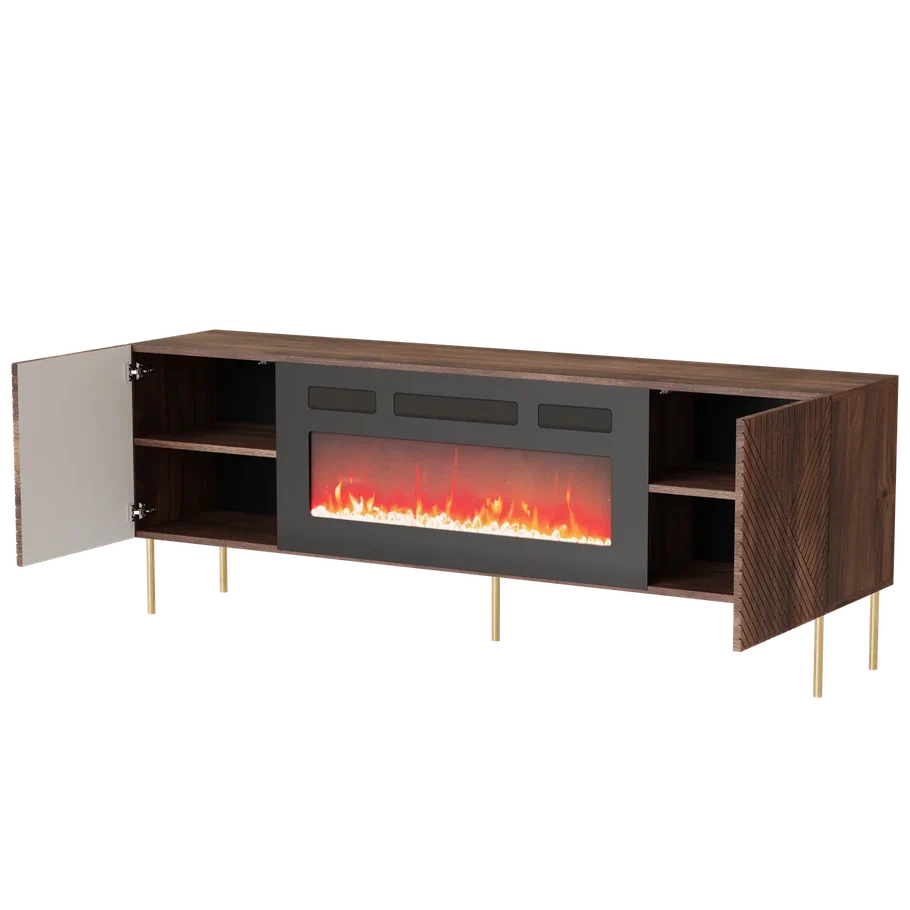 Meuble TV 2 portes noyer pied en métal et cheminée intégrée Deco 191x68 cm