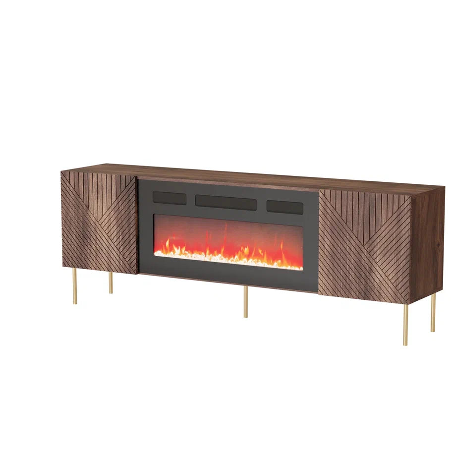 Meuble TV 2 portes noyer pied en métal et cheminée intégrée Deco 191x68 cm